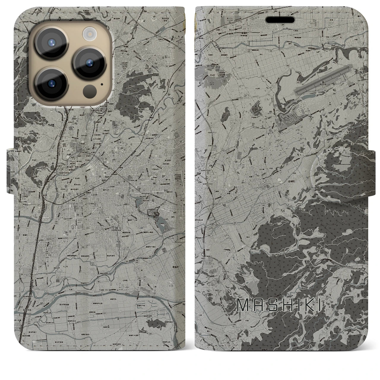 【益城(熊本県)】地図柄iPhoneケース(手帳タイプ)モノトーン・iPhone 14 Pro Max 用