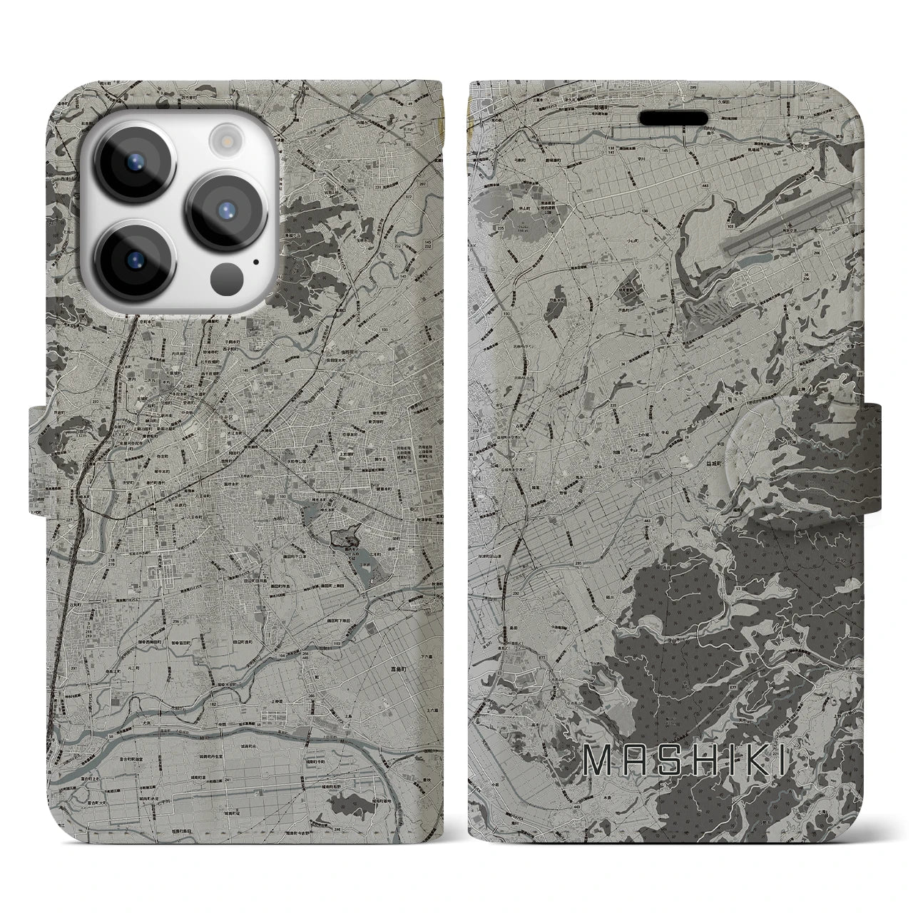 【益城(熊本県)】地図柄iPhoneケース(手帳タイプ)モノトーン・iPhone 14 Pro 用