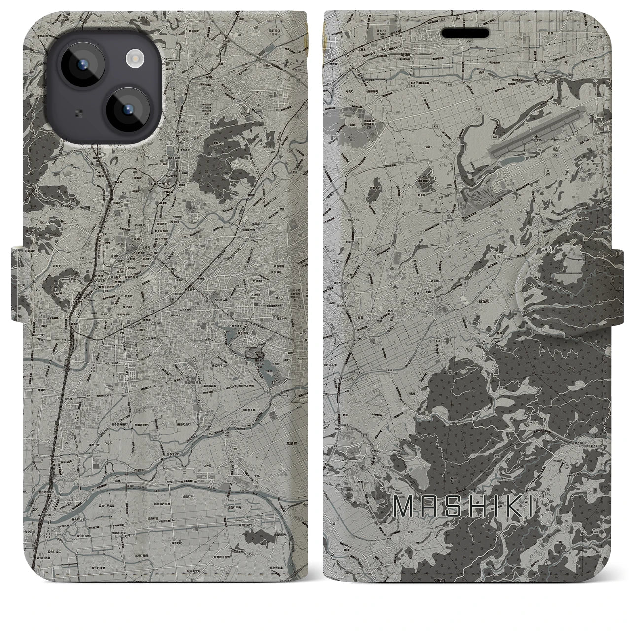 【益城(熊本県)】地図柄iPhoneケース(手帳タイプ)モノトーン・iPhone 14 Plus 用