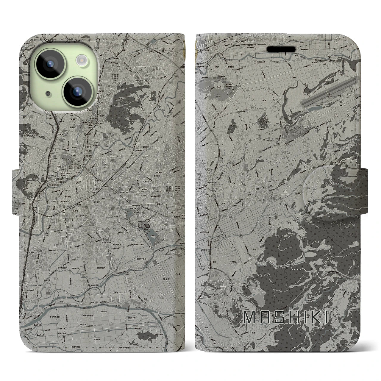 【益城(熊本県)】地図柄iPhoneケース(手帳タイプ)モノトーン・iPhone 15 用
