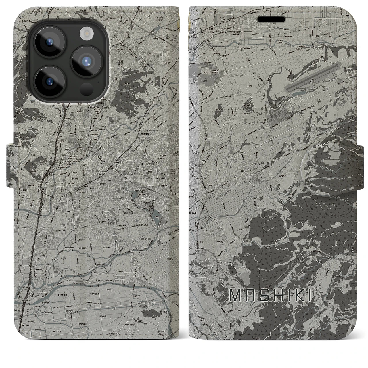 【益城(熊本県)】地図柄iPhoneケース(手帳タイプ)モノトーン・iPhone 15 Pro Max 用