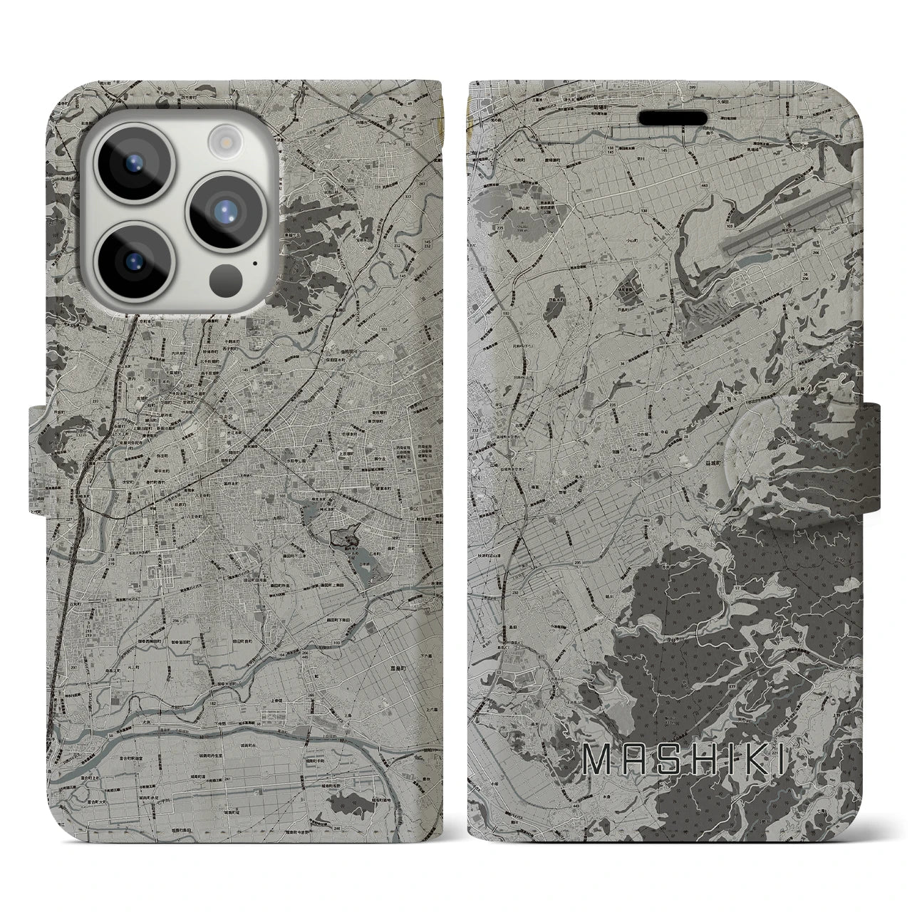 【益城(熊本県)】地図柄iPhoneケース(手帳タイプ)モノトーン・iPhone 15 Pro 用