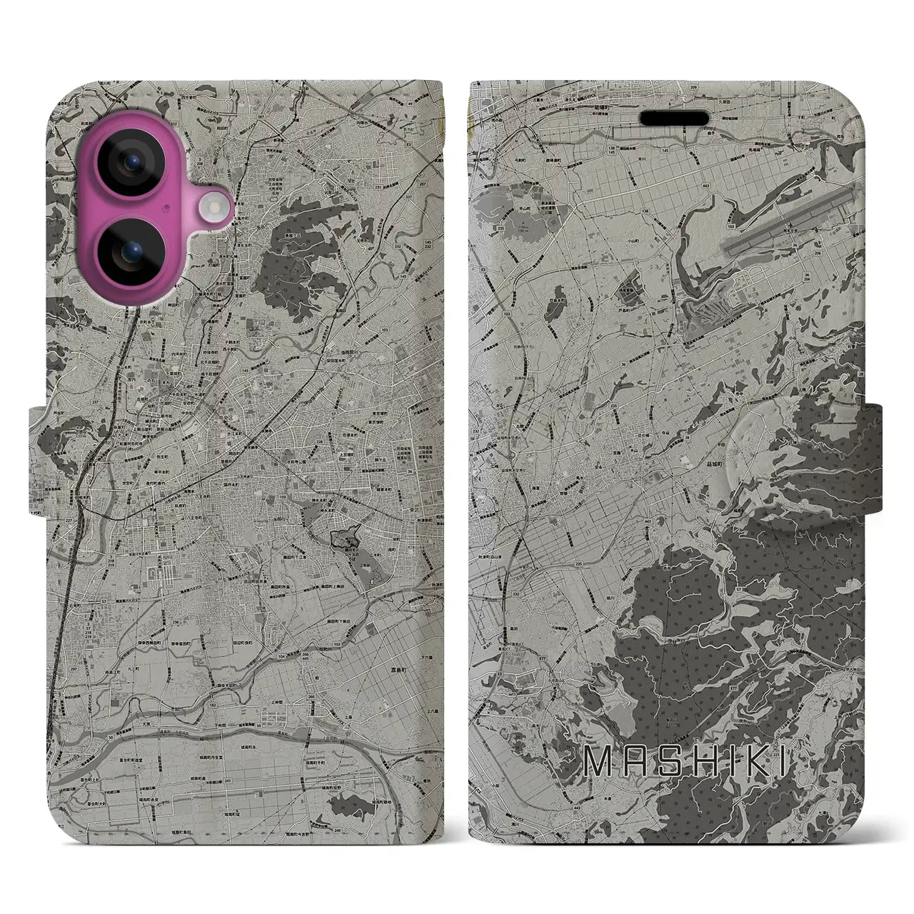 【益城(熊本県)】地図柄iPhoneケース(手帳タイプ)モノトーン・iPhone 16 Pro 用