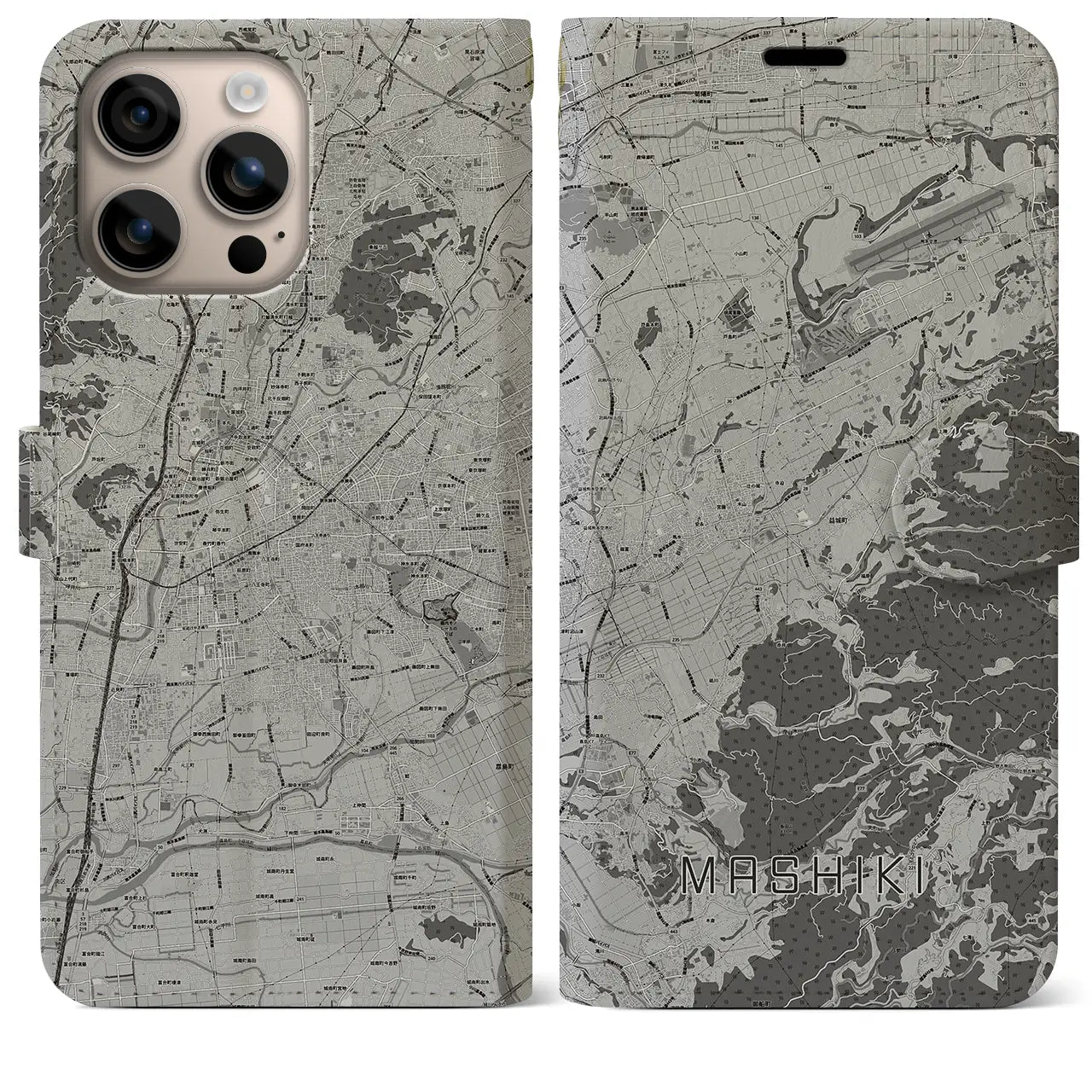 【益城(熊本県)】地図柄iPhoneケース(手帳タイプ)モノトーン・iPhone 16 Plus 用