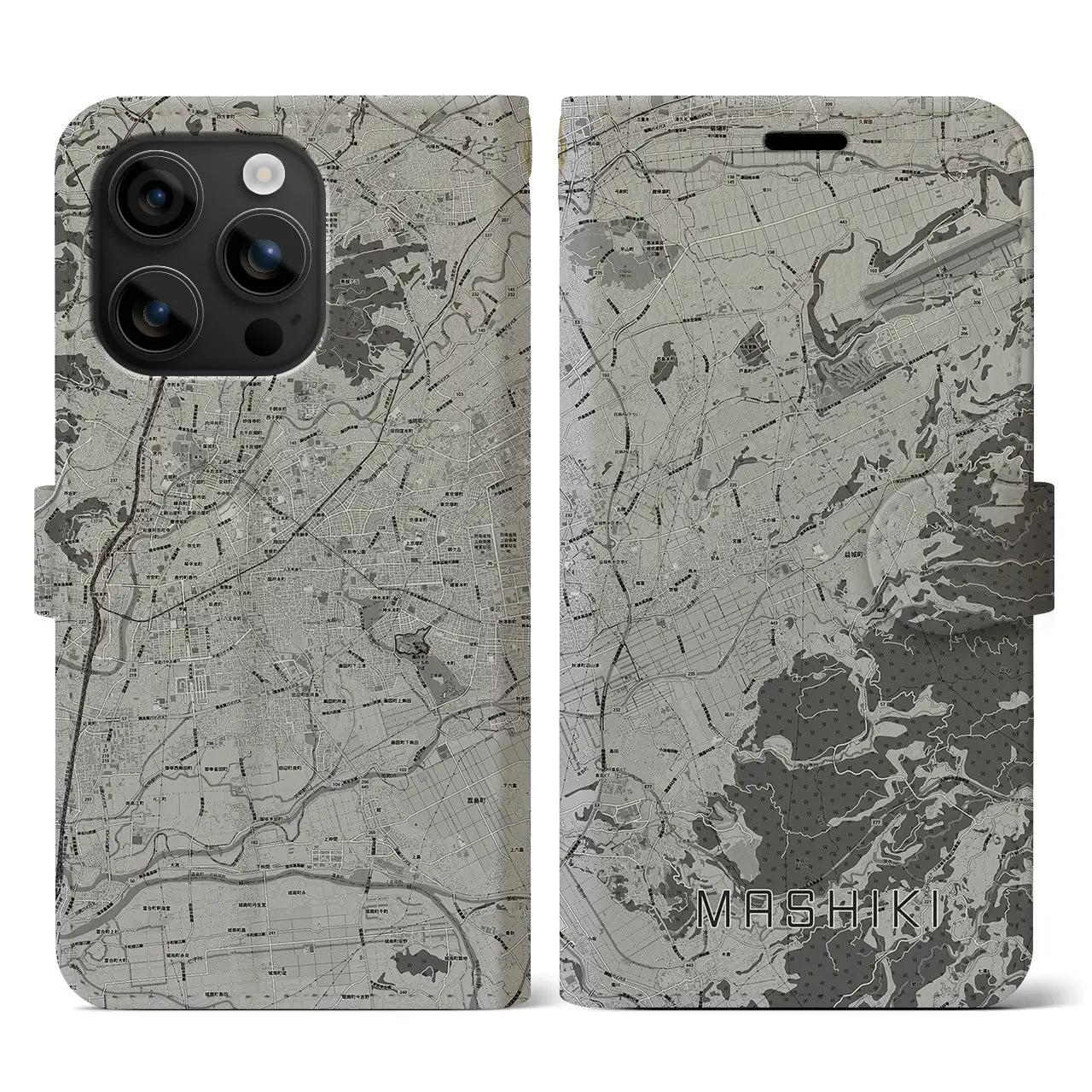 【益城(熊本県)】地図柄iPhoneケース(手帳タイプ)モノトーン・iPhone 16 用