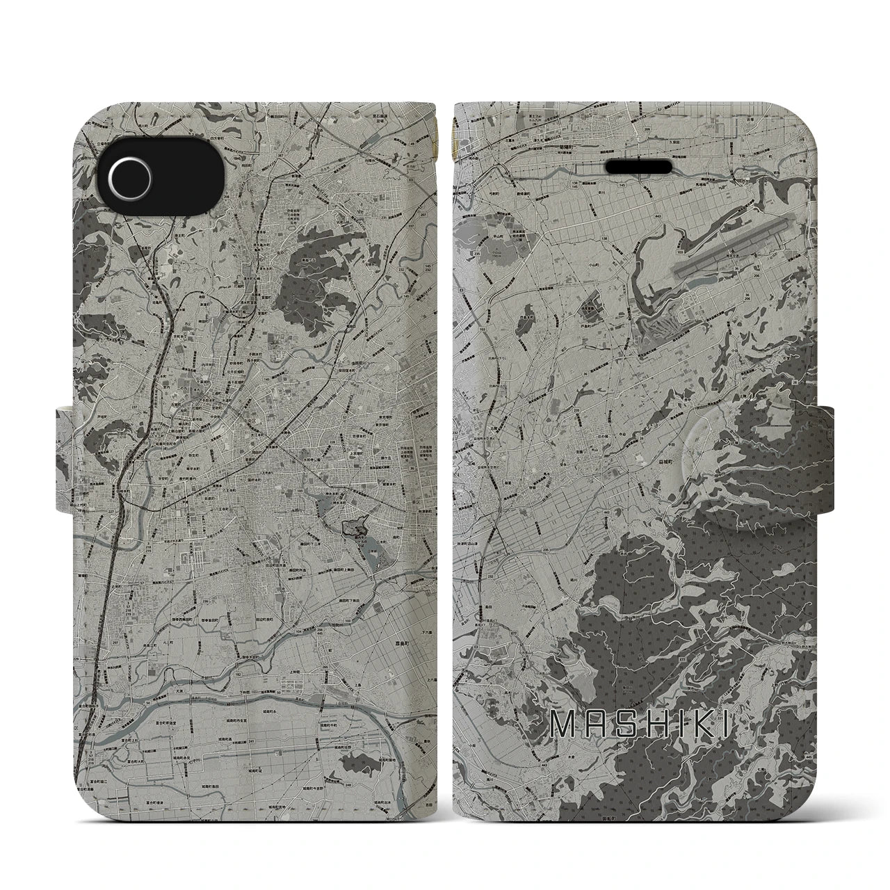 【益城(熊本県)】地図柄iPhoneケース(手帳タイプ)モノトーン・iPhone SE(第3 / 第2世代) / 8 / 7 / 6s / 6 用
