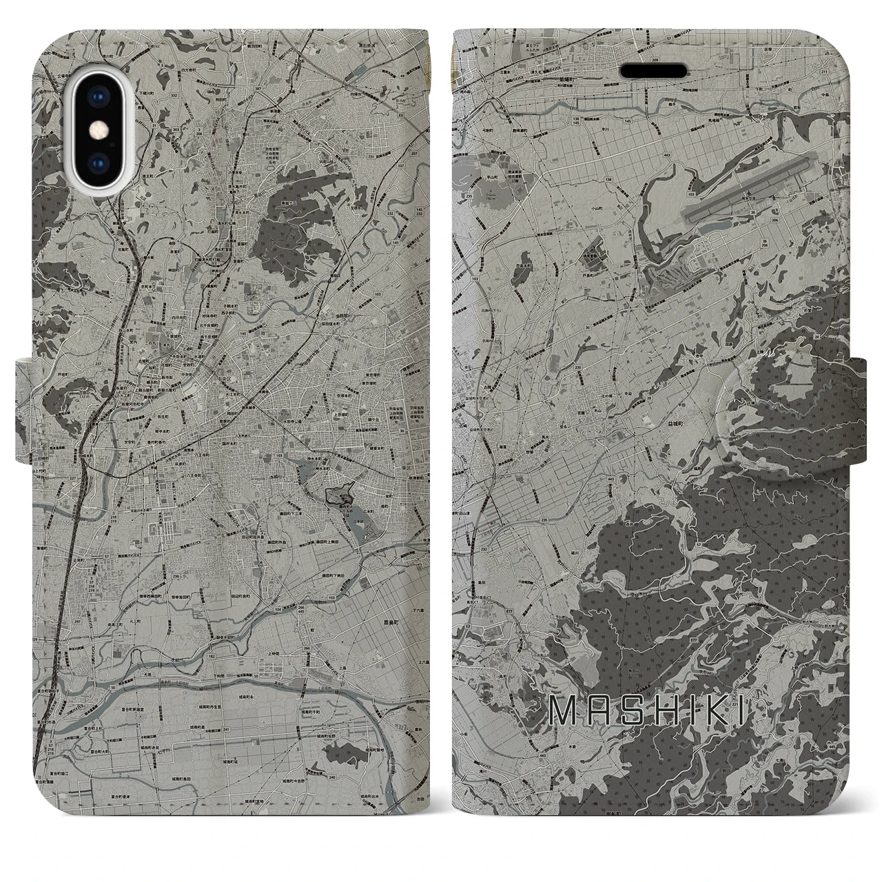 【益城(熊本県)】地図柄iPhoneケース(手帳タイプ)モノトーン・iPhone XS Max 用
