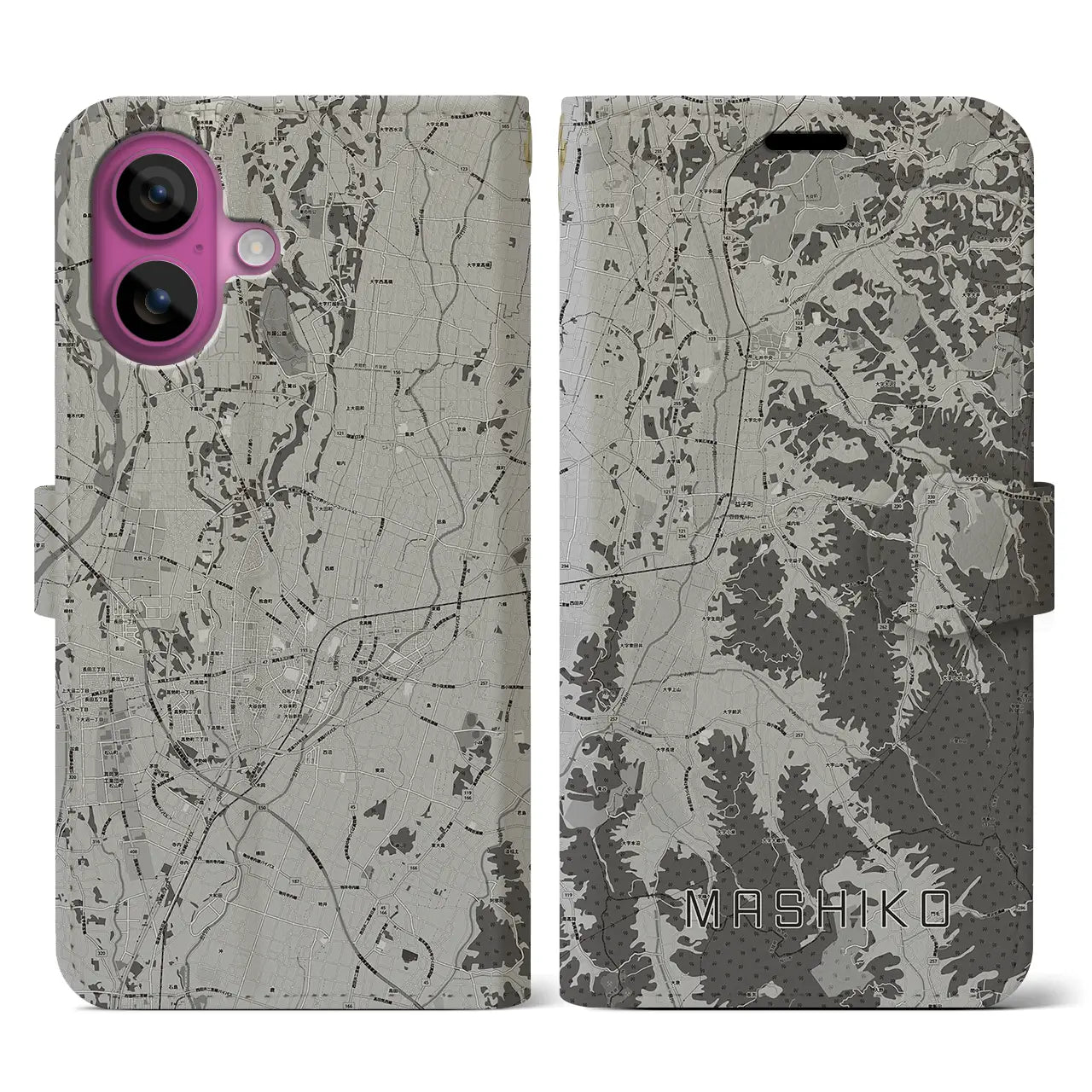 【益子(栃木県)】地図柄iPhoneケース(手帳タイプ)モノトーン・iPhone 16 Pro 用