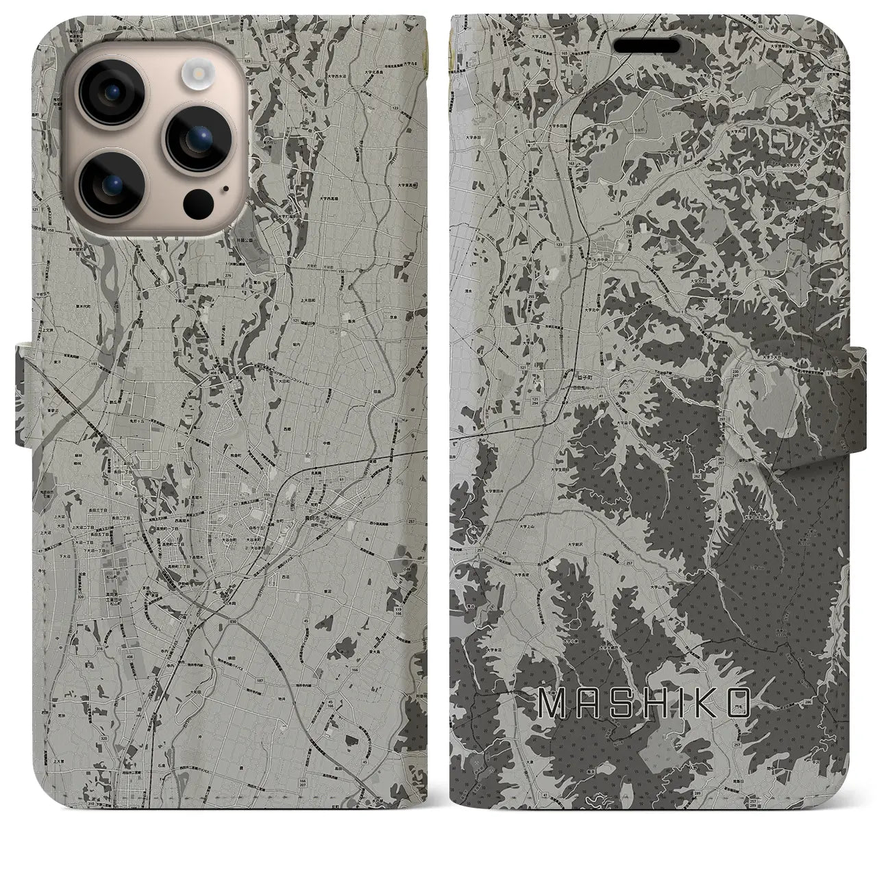 【益子(栃木県)】地図柄iPhoneケース(手帳タイプ)モノトーン・iPhone 16 Plus 用