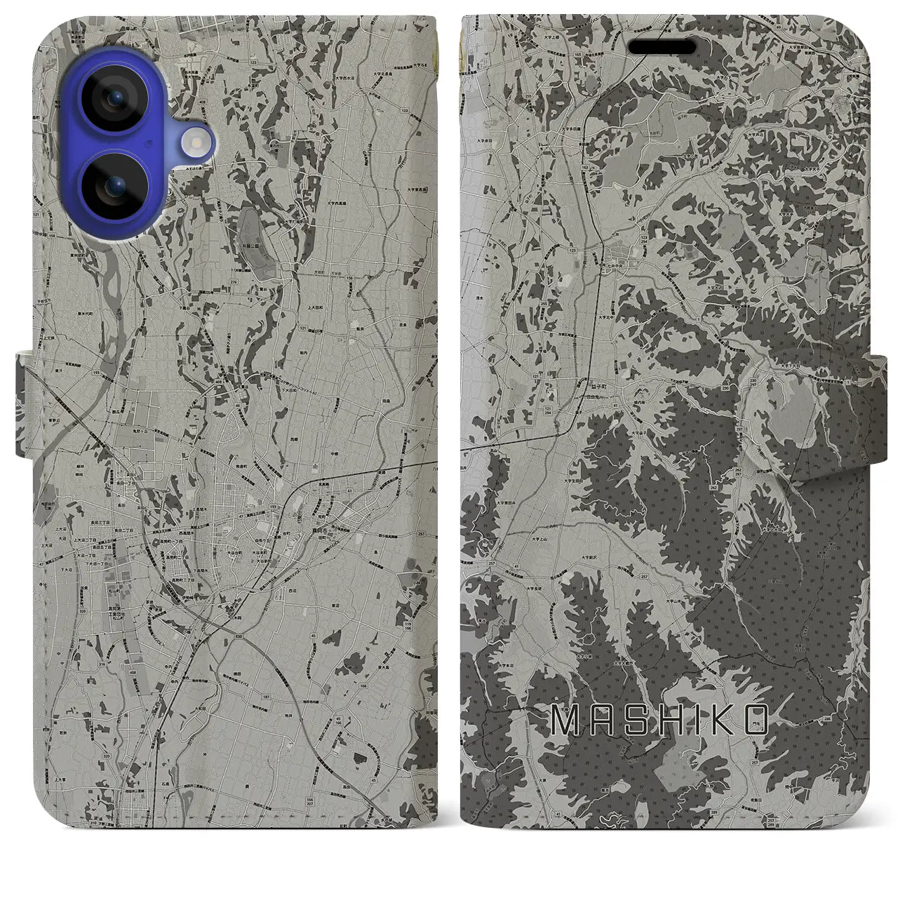 【益子(栃木県)】地図柄iPhoneケース(手帳タイプ)モノトーン・iPhone 16 Pro Max 用