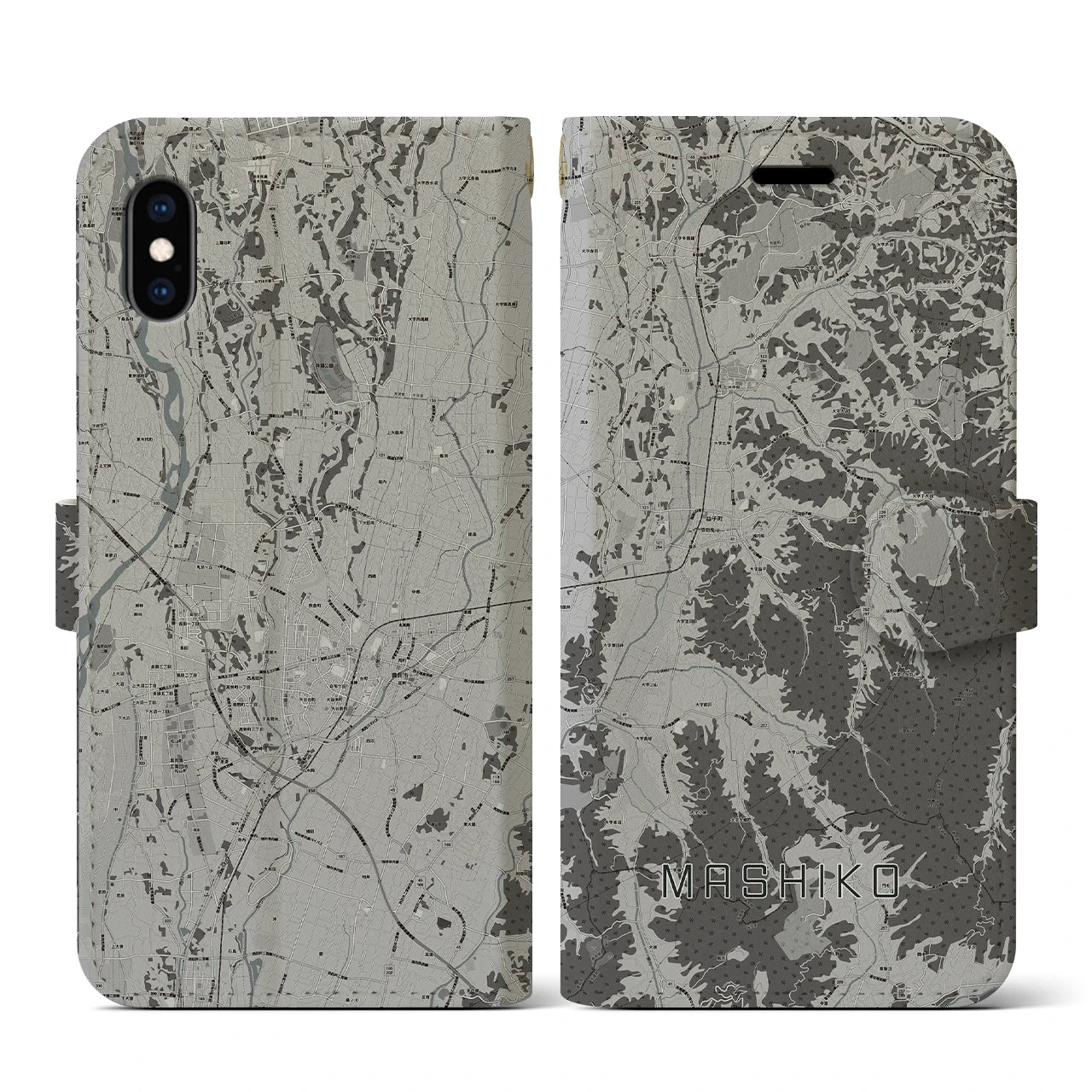 【益子(栃木県)】地図柄iPhoneケース(手帳タイプ)モノトーン・iPhone XS / X 用