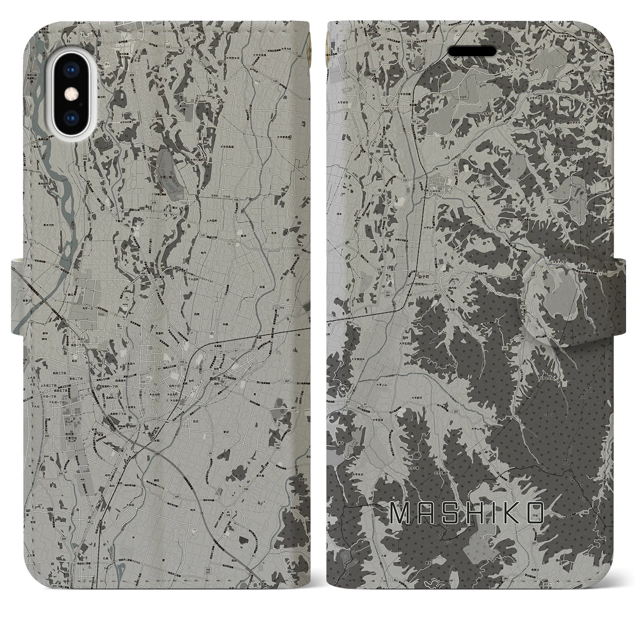 【益子(栃木県)】地図柄iPhoneケース(手帳タイプ)モノトーン・iPhone XS Max 用