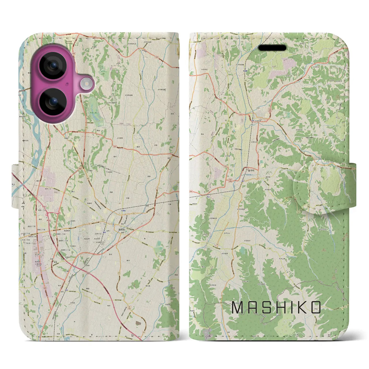 【益子(栃木県)】地図柄iPhoneケース(手帳タイプ)ナチュラル・iPhone 16 Pro 用