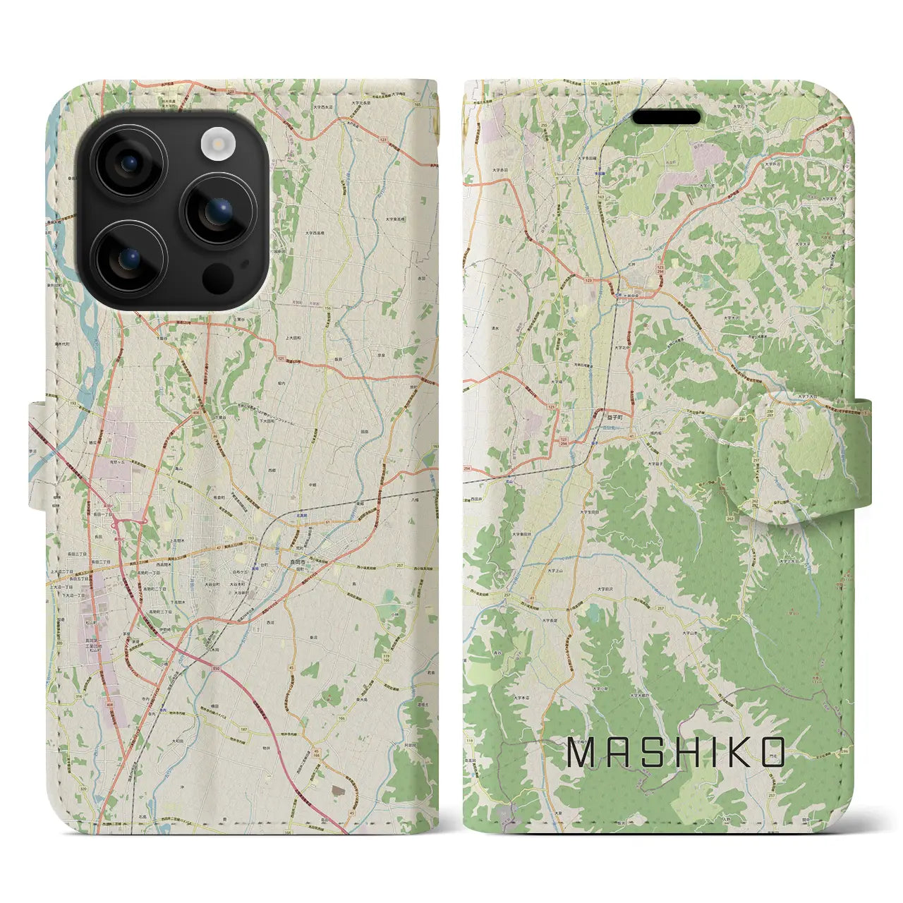 【益子(栃木県)】地図柄iPhoneケース(手帳タイプ)ナチュラル・iPhone 16 用