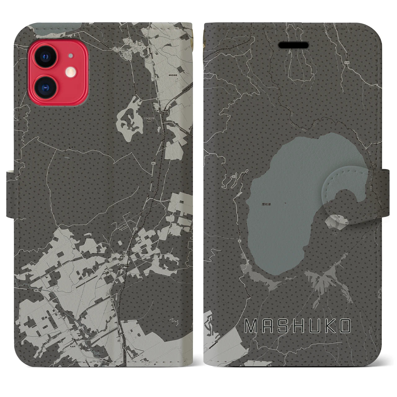 【摩周湖(北海道)】地図柄iPhoneケース(手帳タイプ)モノトーン・iPhone 11 用