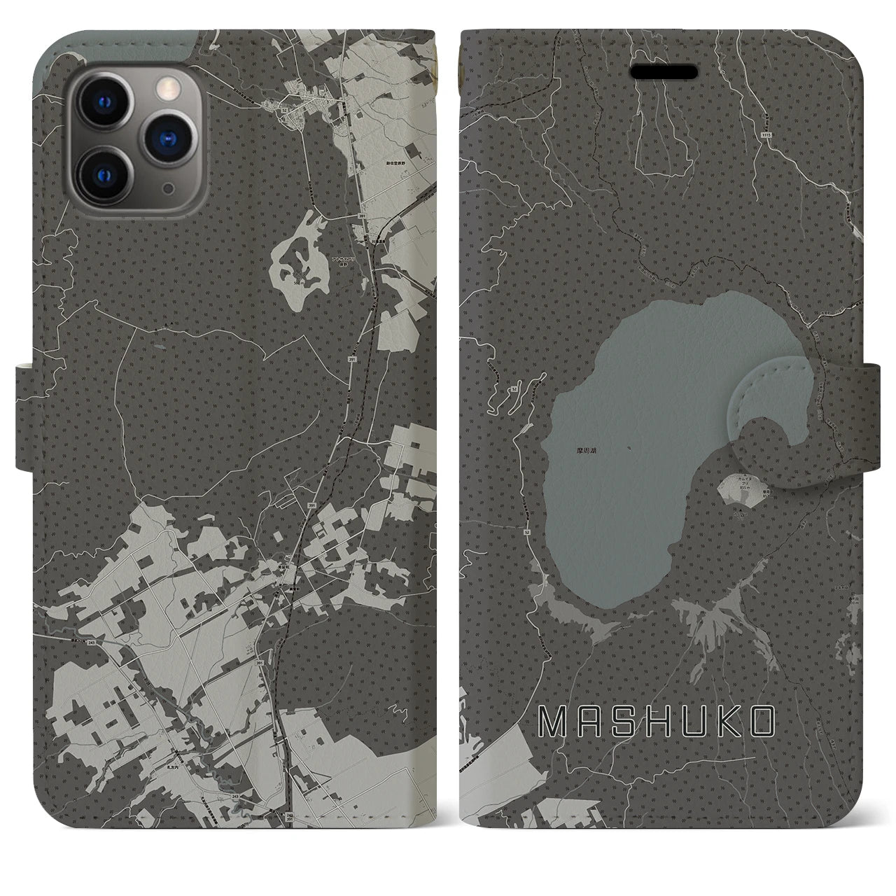 【摩周湖(北海道)】地図柄iPhoneケース(手帳タイプ)モノトーン・iPhone 11 Pro Max 用