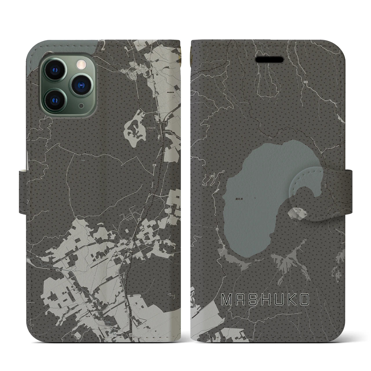 【摩周湖(北海道)】地図柄iPhoneケース(手帳タイプ)モノトーン・iPhone 11 Pro 用