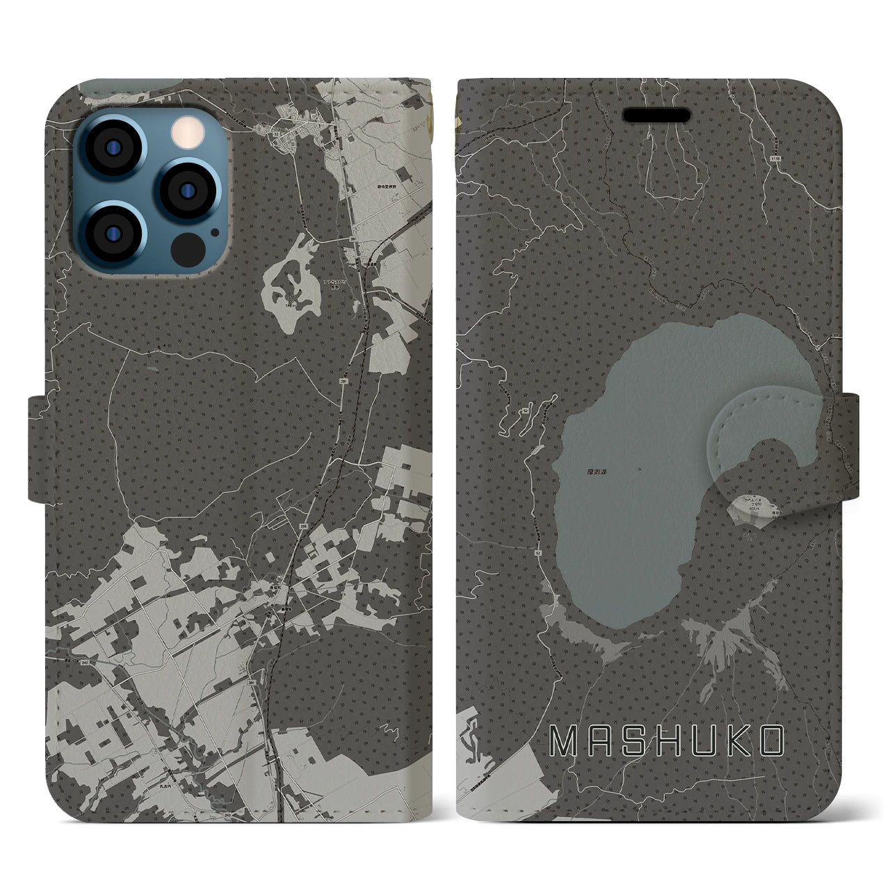 【摩周湖(北海道)】地図柄iPhoneケース(手帳タイプ)モノトーン・iPhone 12 / 12 Pro 用