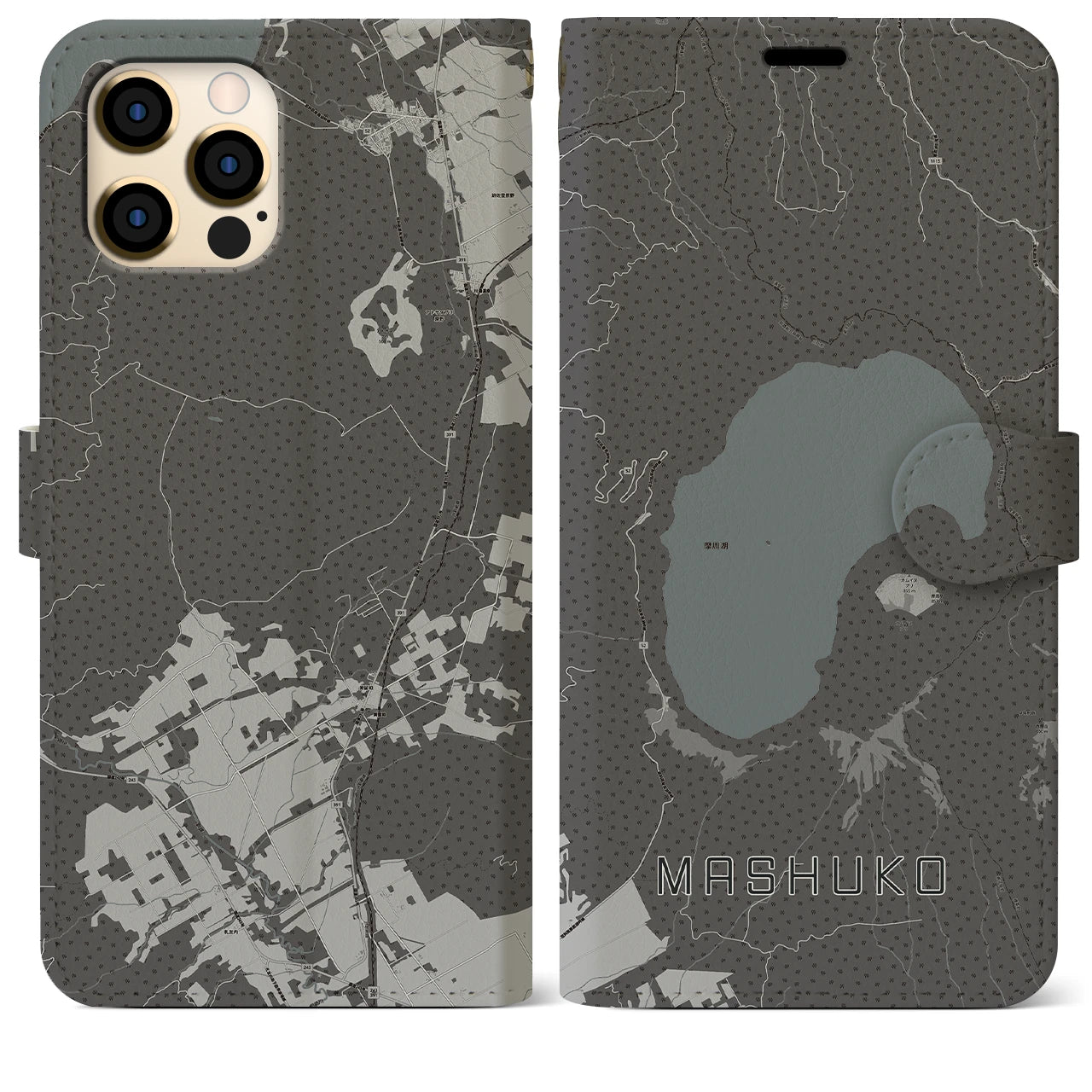 【摩周湖(北海道)】地図柄iPhoneケース(手帳タイプ)モノトーン・iPhone 12 Pro Max 用