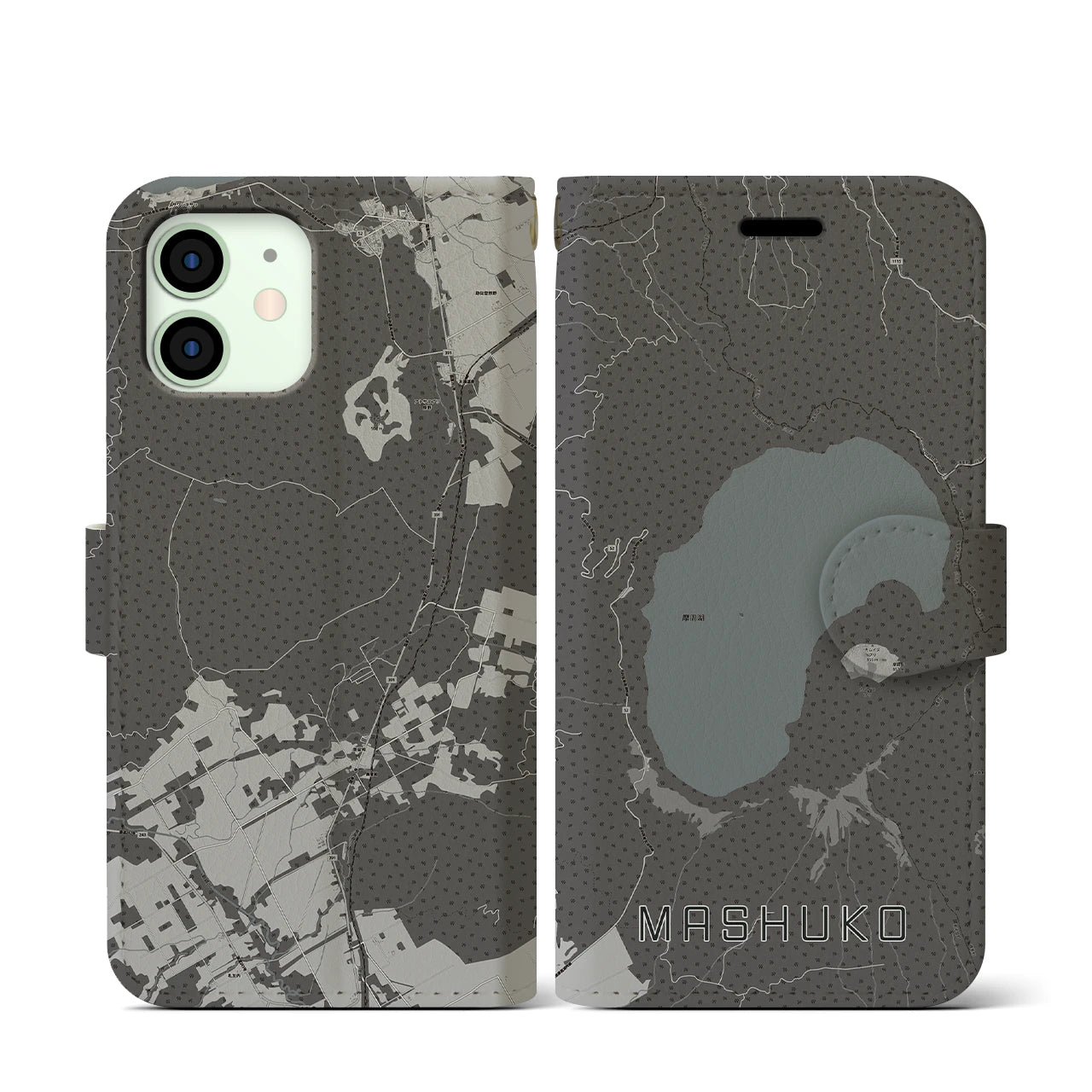 【摩周湖(北海道)】地図柄iPhoneケース(手帳タイプ)モノトーン・iPhone 12 mini 用