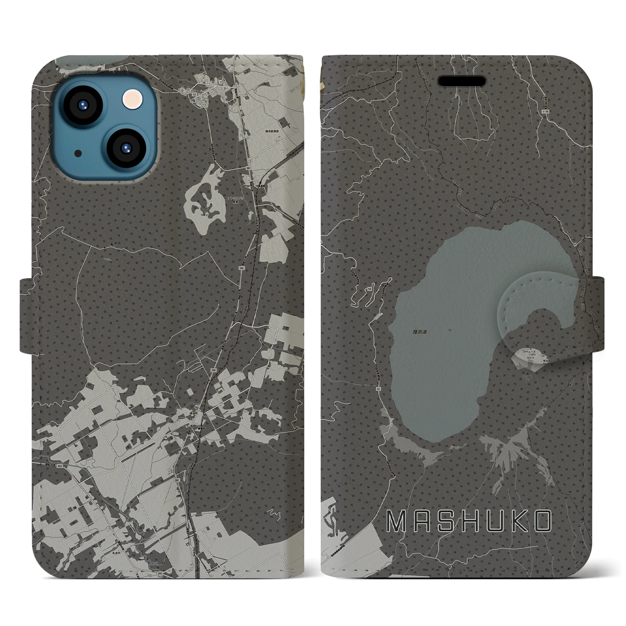 【摩周湖(北海道)】地図柄iPhoneケース(手帳タイプ)モノトーン・iPhone 13 用