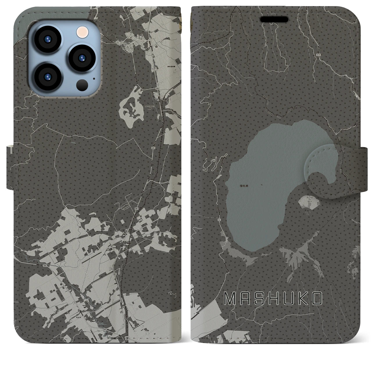 【摩周湖(北海道)】地図柄iPhoneケース(手帳タイプ)モノトーン・iPhone 13 Pro Max 用