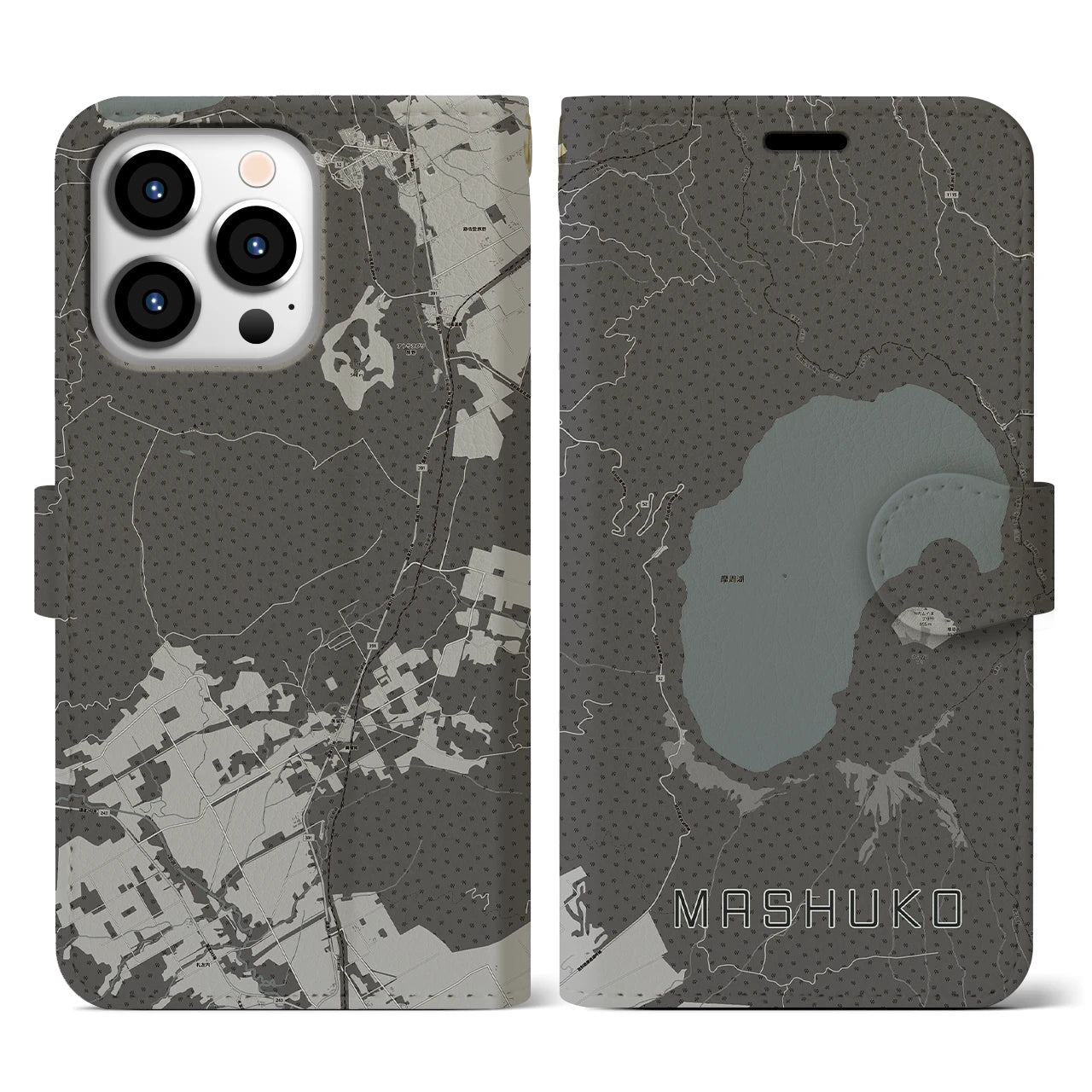 【摩周湖(北海道)】地図柄iPhoneケース(手帳タイプ)モノトーン・iPhone 13 Pro 用