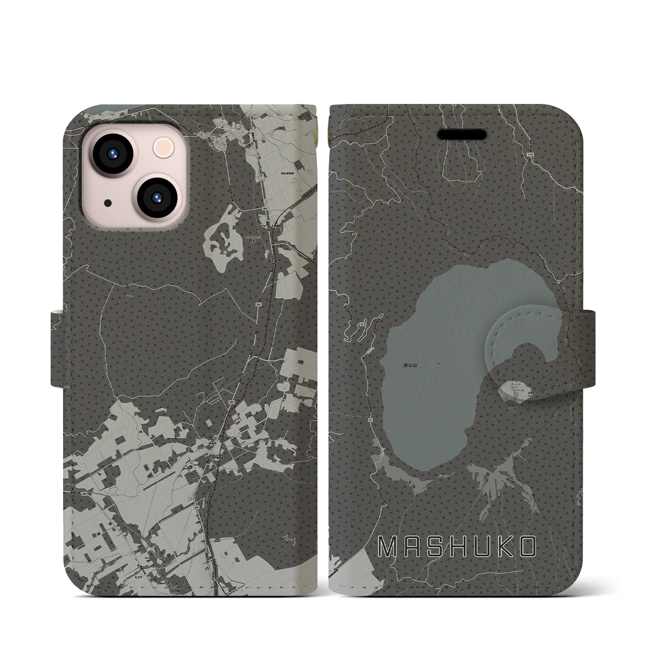 【摩周湖(北海道)】地図柄iPhoneケース(手帳タイプ)モノトーン・iPhone 13 mini 用