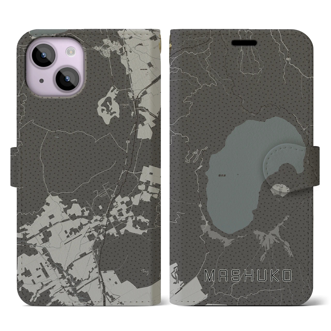 【摩周湖(北海道)】地図柄iPhoneケース(手帳タイプ)モノトーン・iPhone 14 用