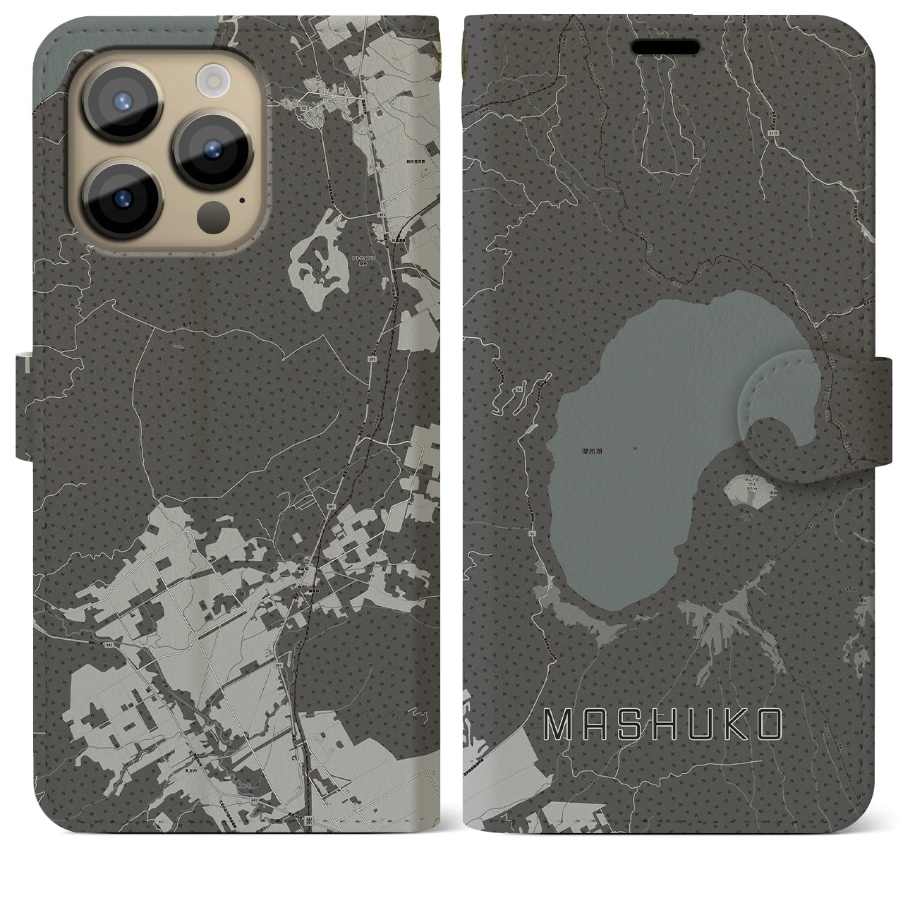 【摩周湖(北海道)】地図柄iPhoneケース(手帳タイプ)モノトーン・iPhone 14 Pro Max 用