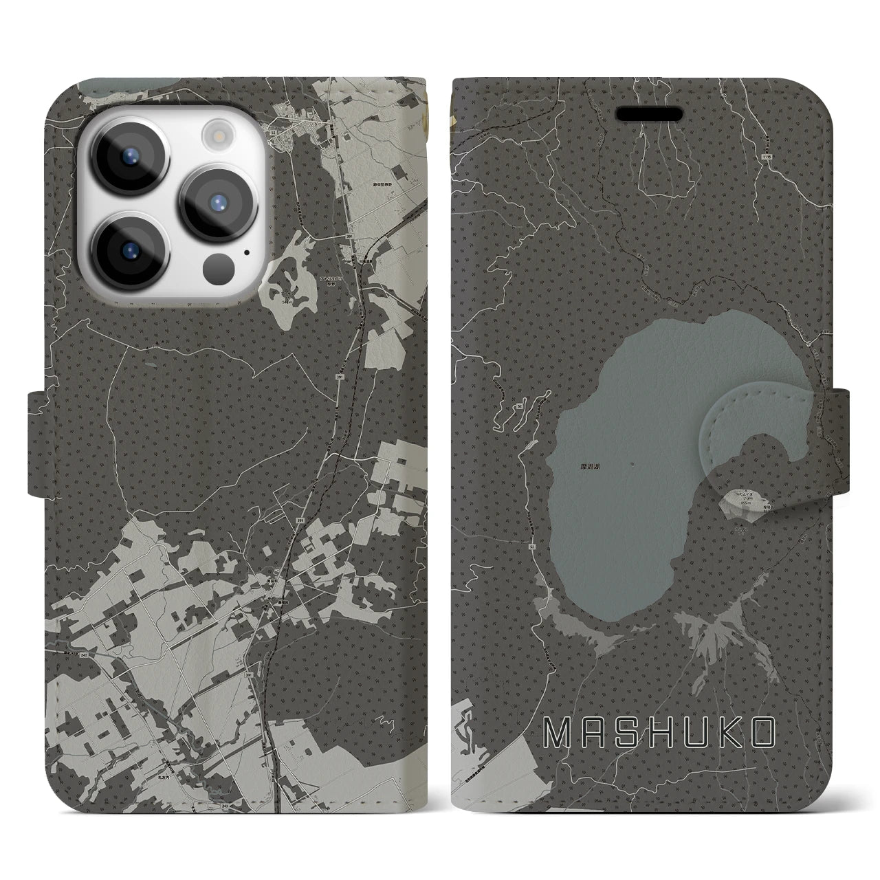 【摩周湖(北海道)】地図柄iPhoneケース(手帳タイプ)モノトーン・iPhone 14 Pro 用