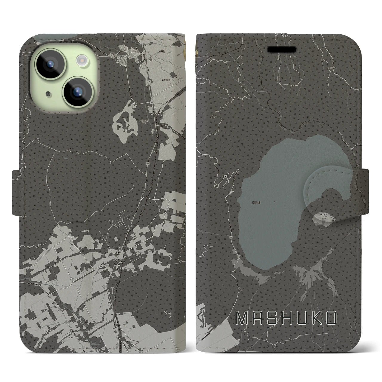 【摩周湖(北海道)】地図柄iPhoneケース(手帳タイプ)モノトーン・iPhone 15 用