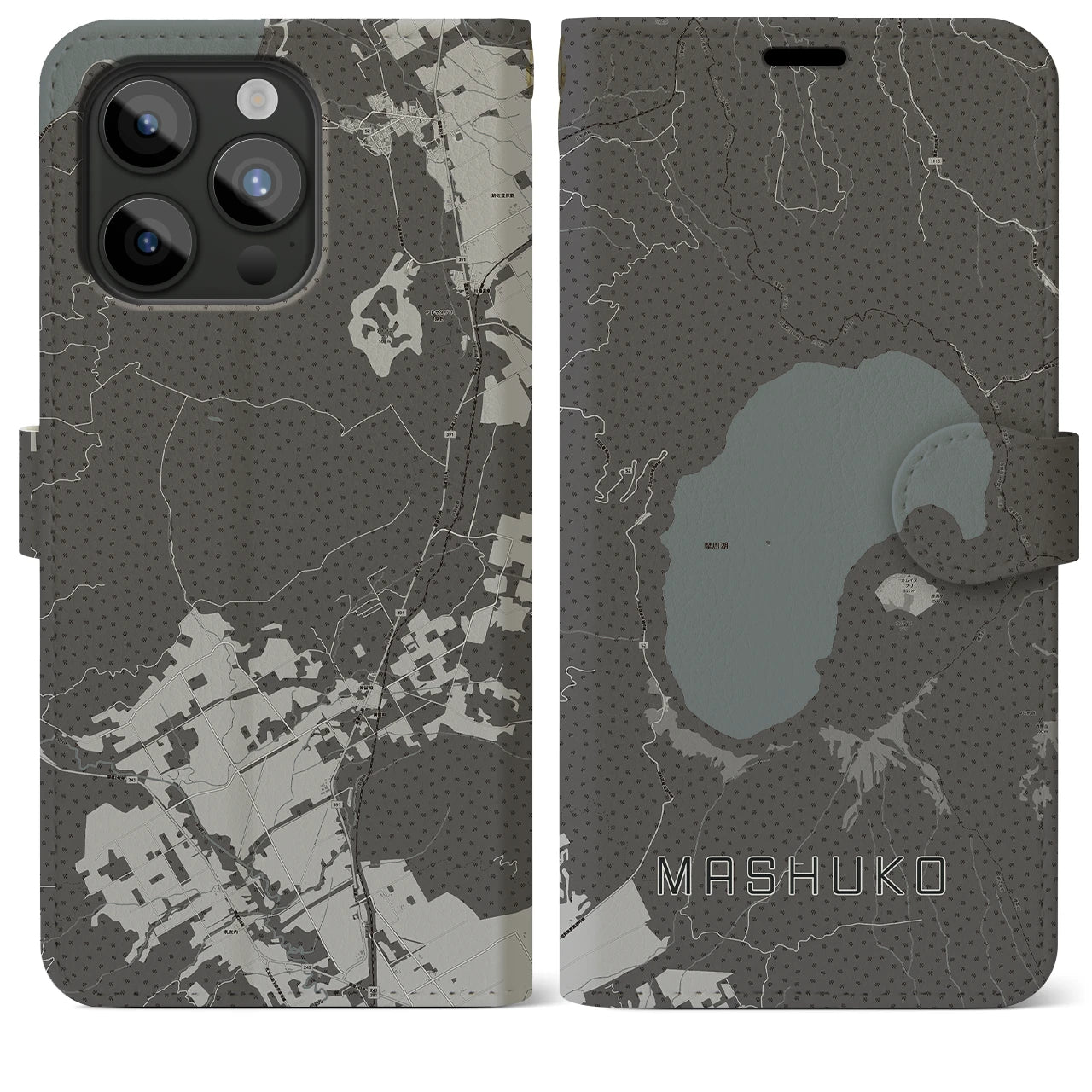 【摩周湖(北海道)】地図柄iPhoneケース(手帳タイプ)モノトーン・iPhone 15 Pro Max 用