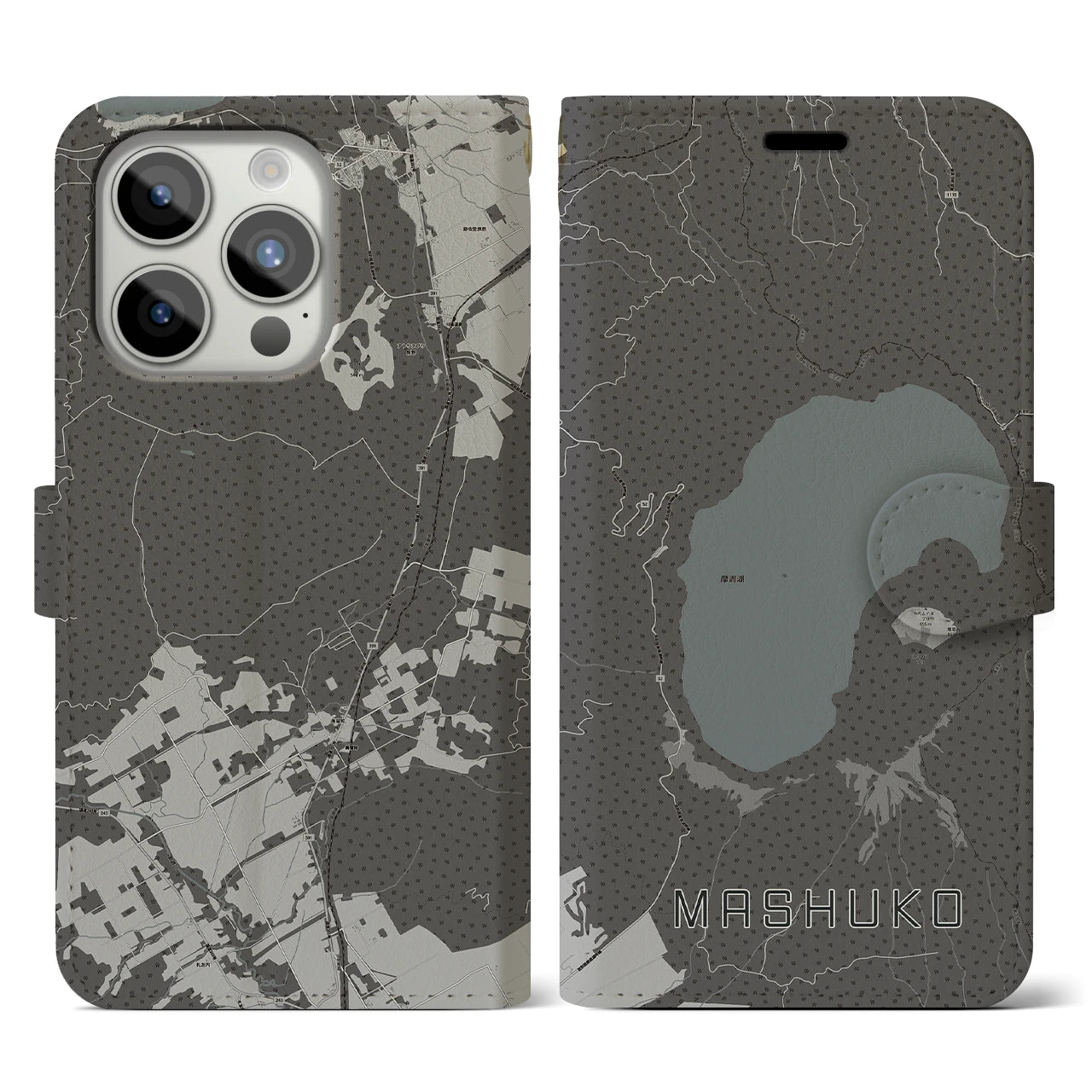 【摩周湖(北海道)】地図柄iPhoneケース(手帳タイプ)モノトーン・iPhone 15 Pro 用