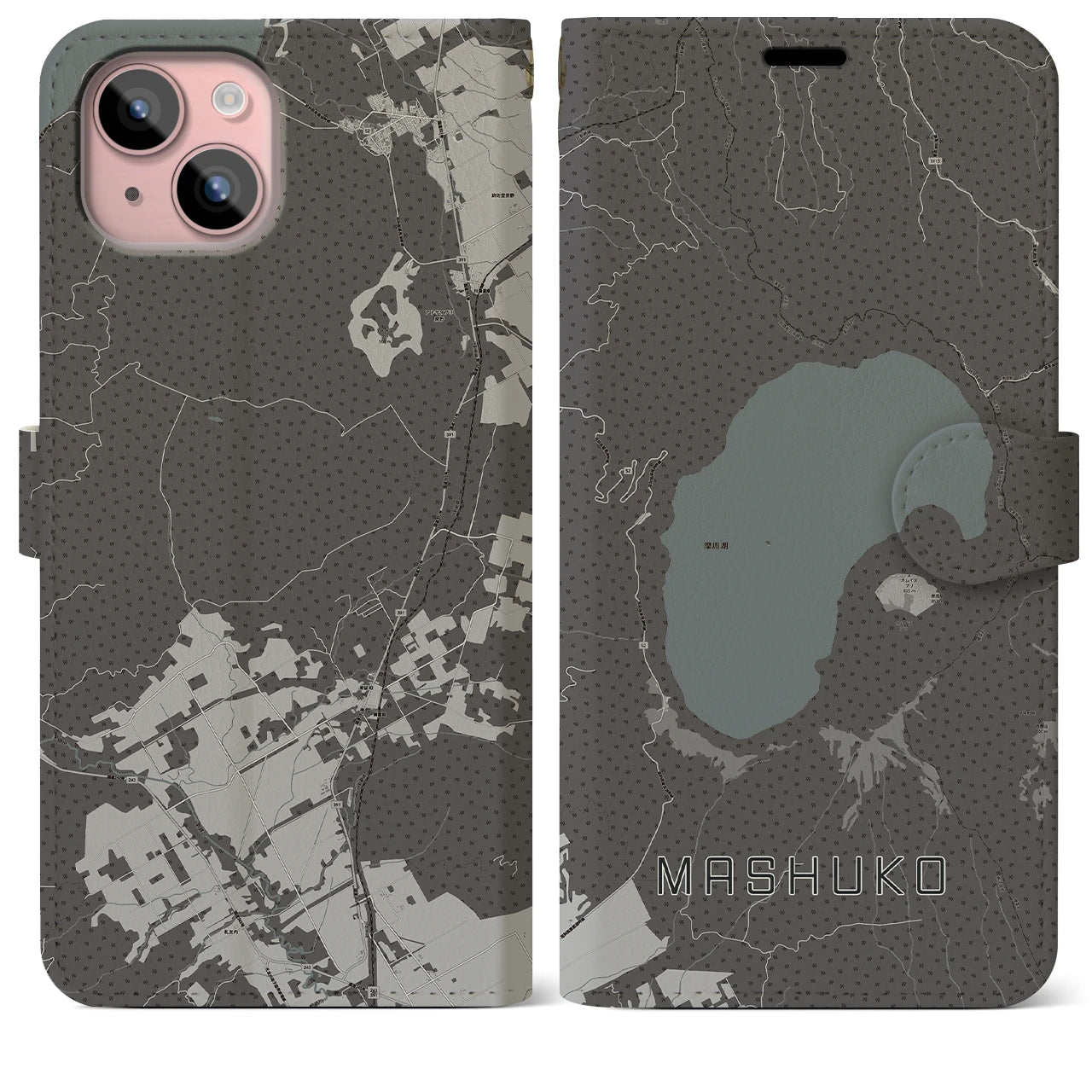 【摩周湖(北海道)】地図柄iPhoneケース(手帳タイプ)モノトーン・iPhone 15 Plus 用