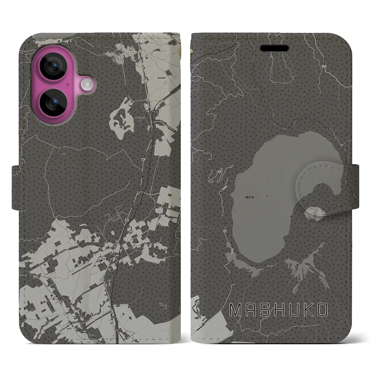 【摩周湖(北海道)】地図柄iPhoneケース(手帳タイプ)モノトーン・iPhone 16 Pro 用