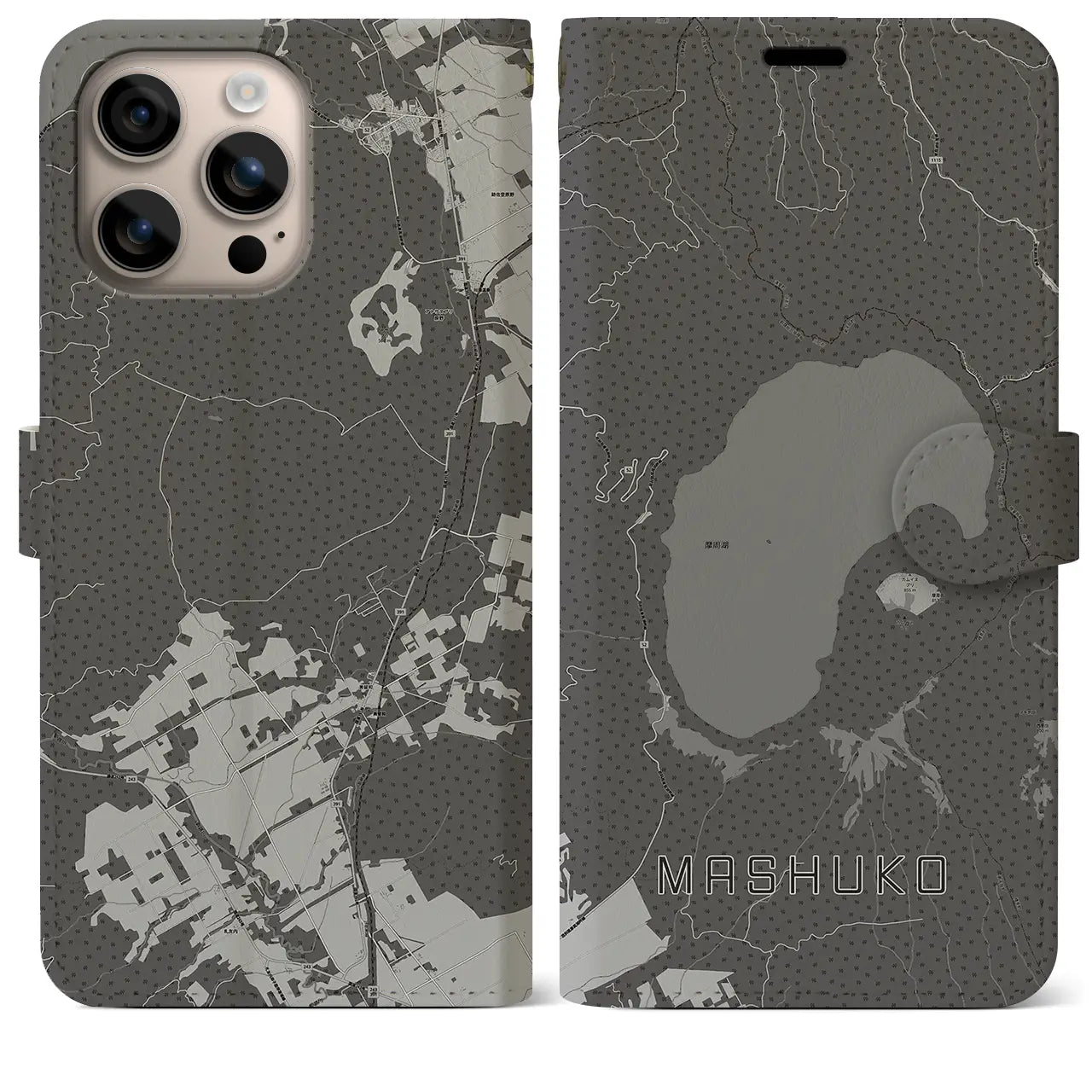 【摩周湖(北海道)】地図柄iPhoneケース(手帳タイプ)モノトーン・iPhone 16 Plus 用