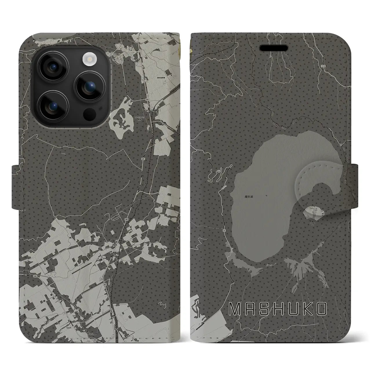 【摩周湖(北海道)】地図柄iPhoneケース(手帳タイプ)モノトーン・iPhone 16 用