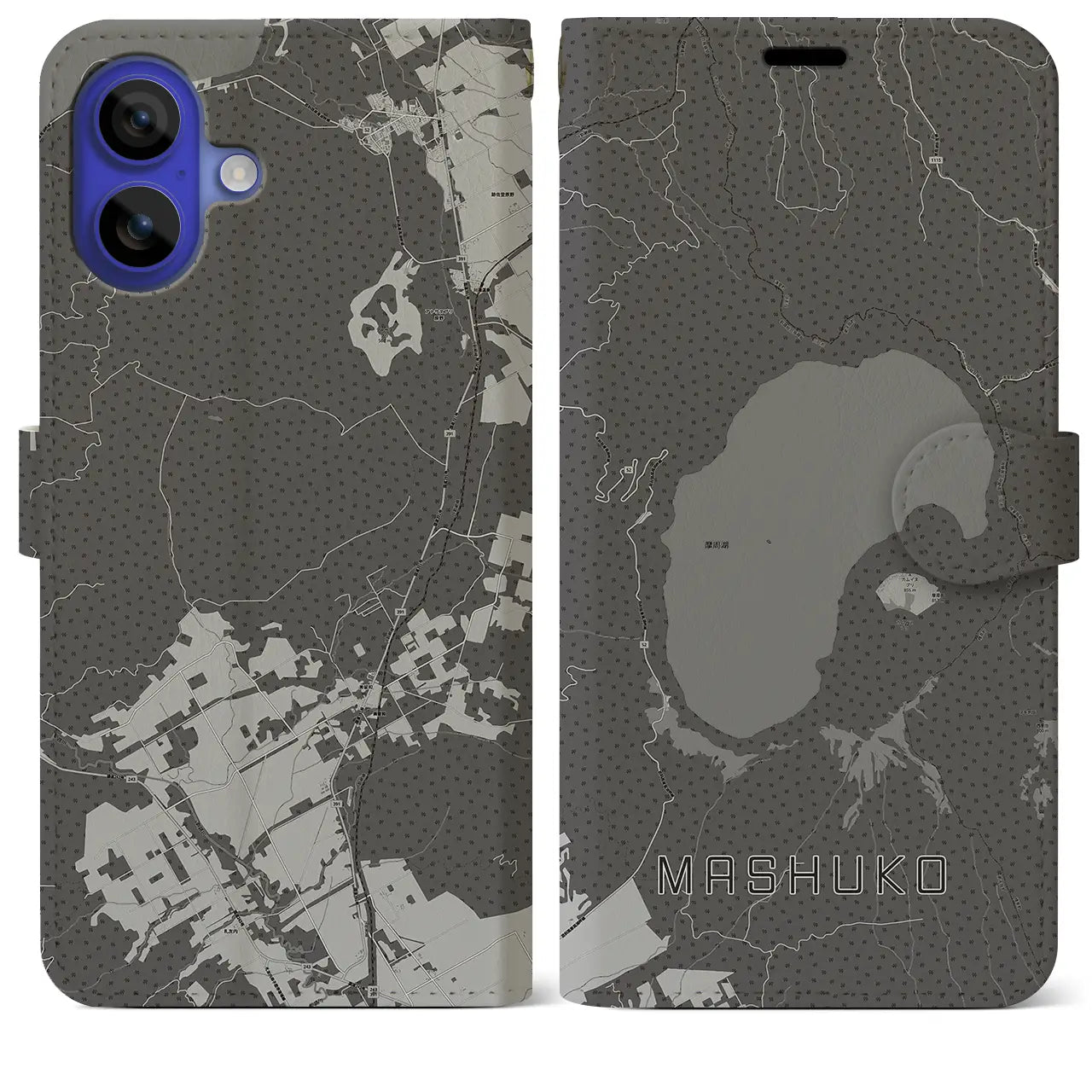 【摩周湖(北海道)】地図柄iPhoneケース(手帳タイプ)モノトーン・iPhone 16 Pro Max 用