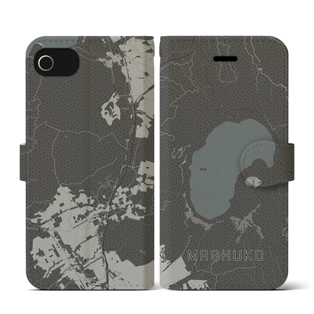 【摩周湖(北海道)】地図柄iPhoneケース(手帳タイプ)モノトーン・iPhone SE(第3 / 第2世代) / 8 / 7 / 6s / 6 用