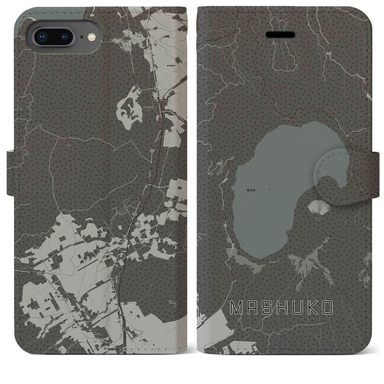 【摩周湖(北海道)】地図柄iPhoneケース(手帳タイプ)モノトーン・iPhone 8Plus /7Plus / 6sPlus / 6Plus 用