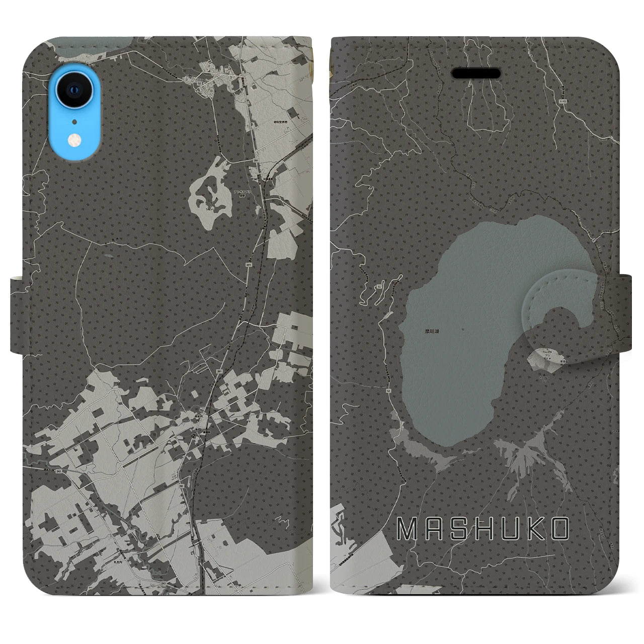 【摩周湖(北海道)】地図柄iPhoneケース(手帳タイプ)モノトーン・iPhone XR 用