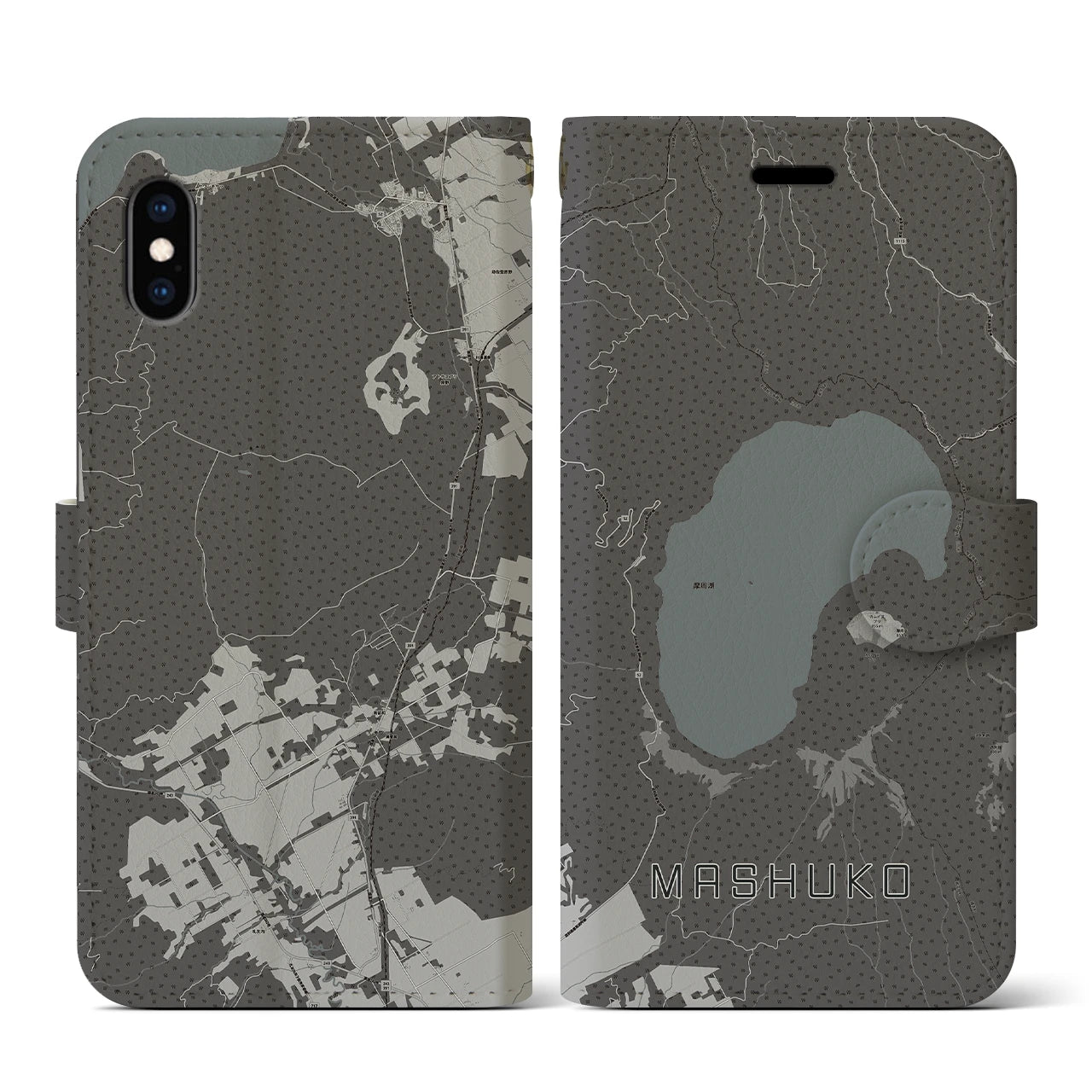 【摩周湖(北海道)】地図柄iPhoneケース(手帳タイプ)モノトーン・iPhone XS / X 用