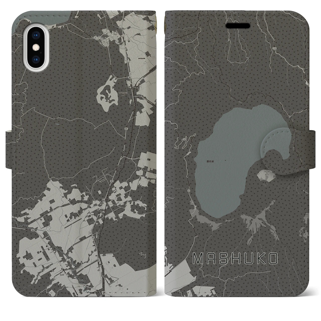 【摩周湖(北海道)】地図柄iPhoneケース(手帳タイプ)モノトーン・iPhone XS Max 用