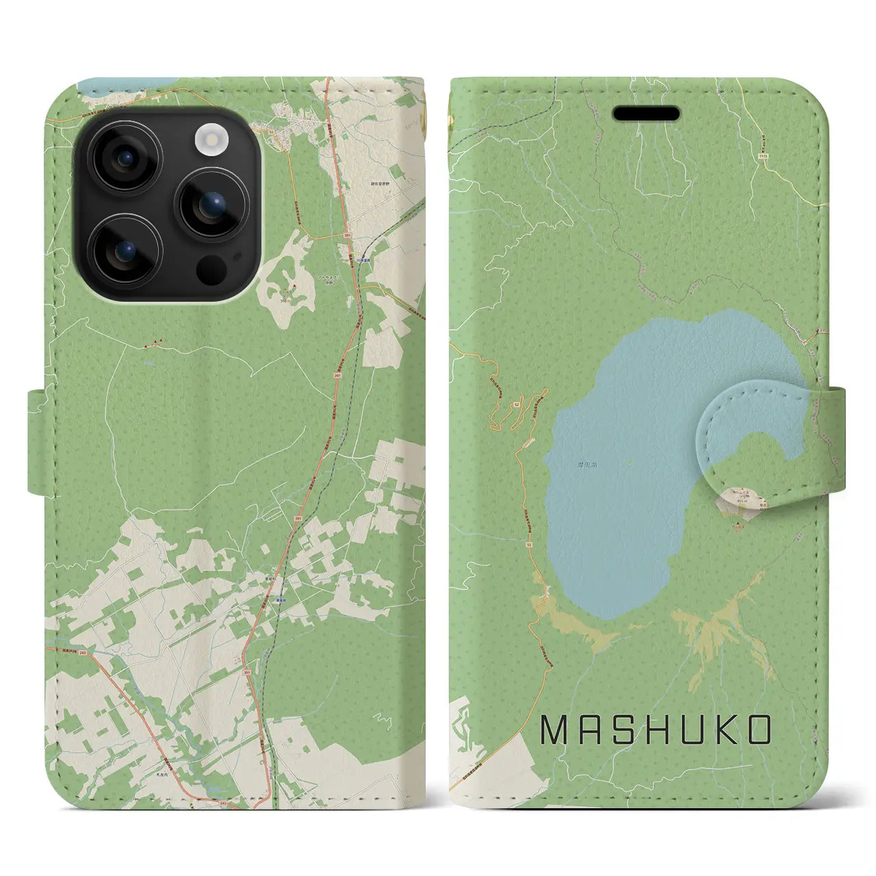 【摩周湖(北海道)】地図柄iPhoneケース(手帳タイプ)ナチュラル・iPhone 16 用