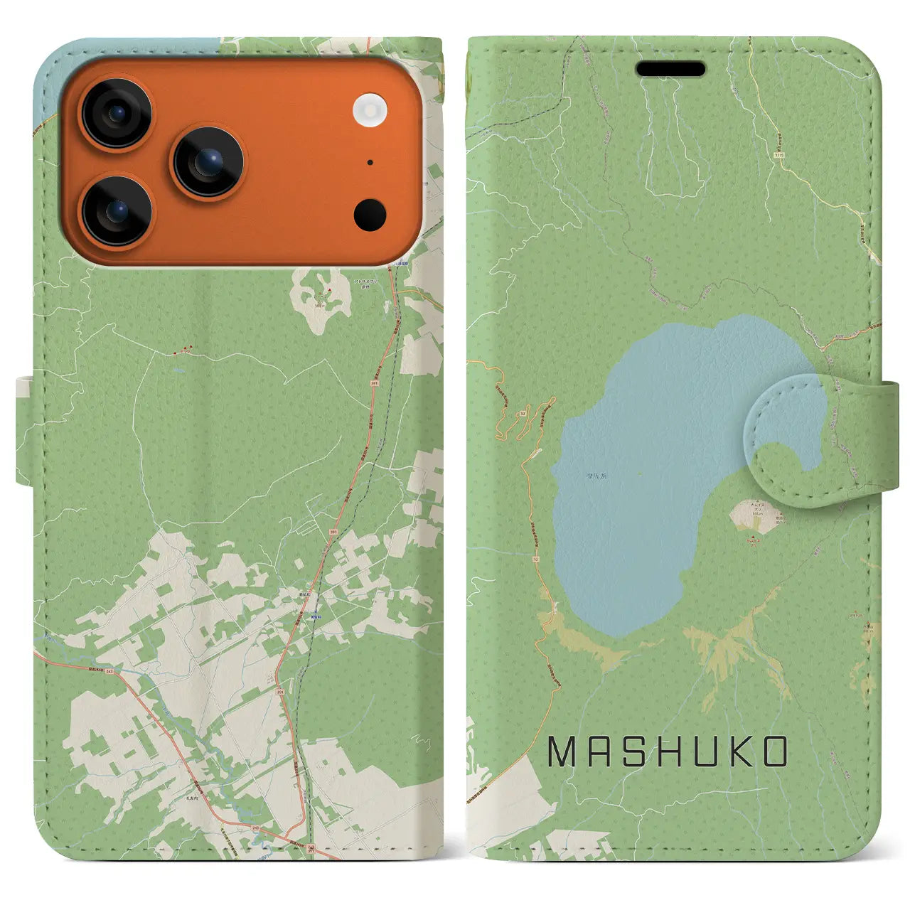 【摩周湖(北海道)】地図柄iPhoneケース(手帳タイプ)モノトーン・iPhone 17 Pro Max 用