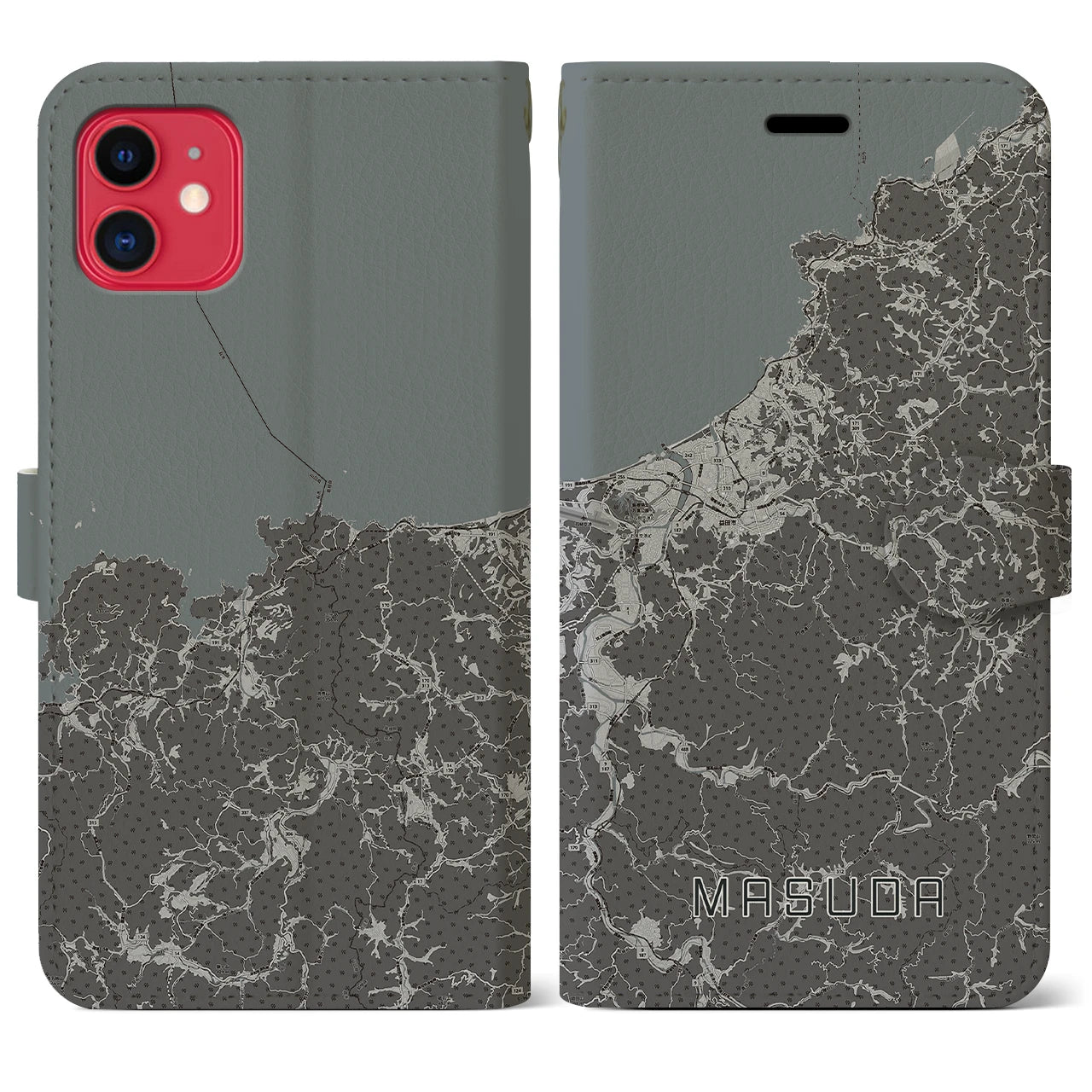【益田(島根県)】地図柄iPhoneケース(手帳タイプ)モノトーン・iPhone 11 用