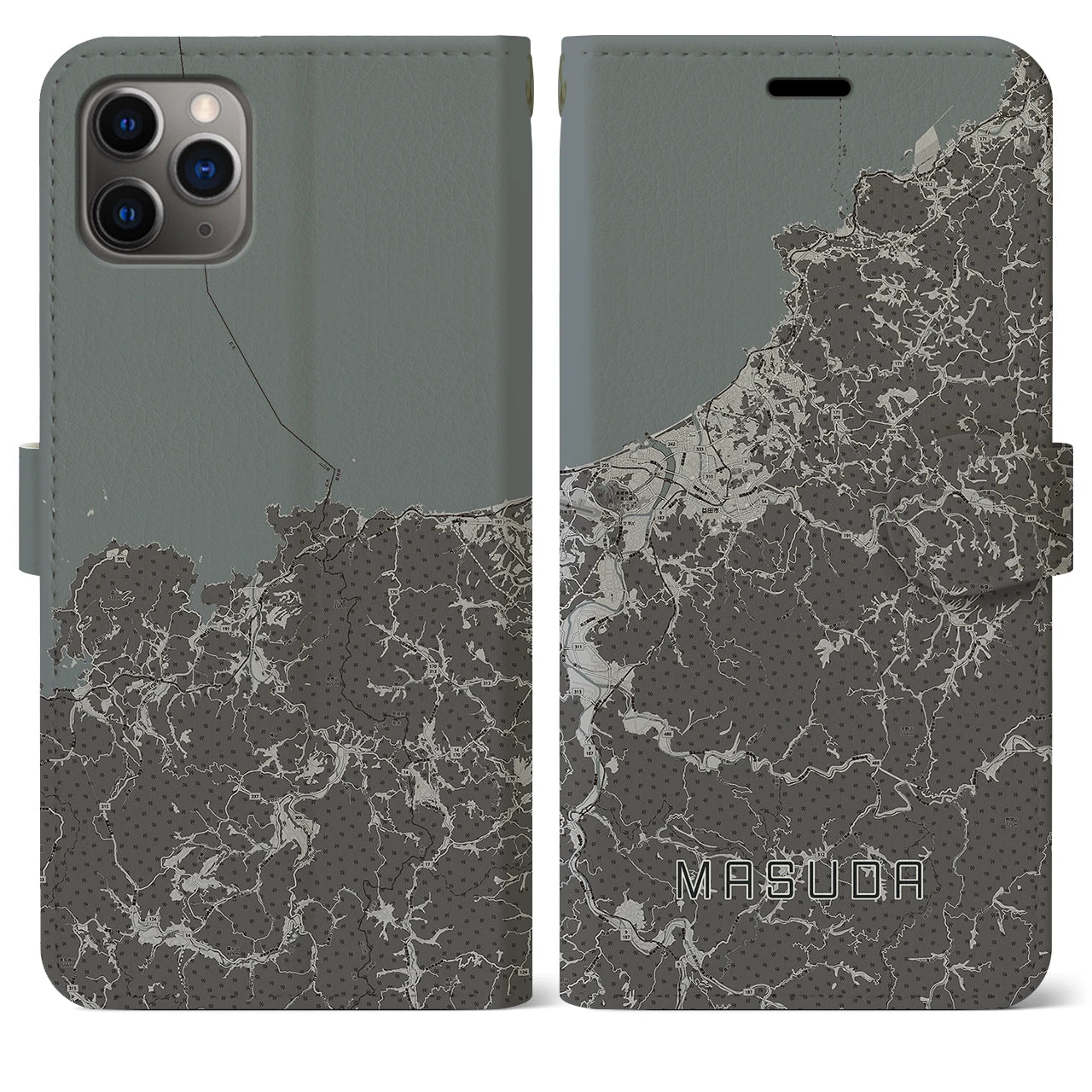 【益田(島根県)】地図柄iPhoneケース(手帳タイプ)モノトーン・iPhone 11 Pro Max 用