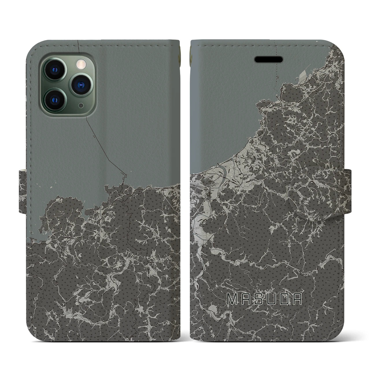【益田(島根県)】地図柄iPhoneケース(手帳タイプ)モノトーン・iPhone 11 Pro 用