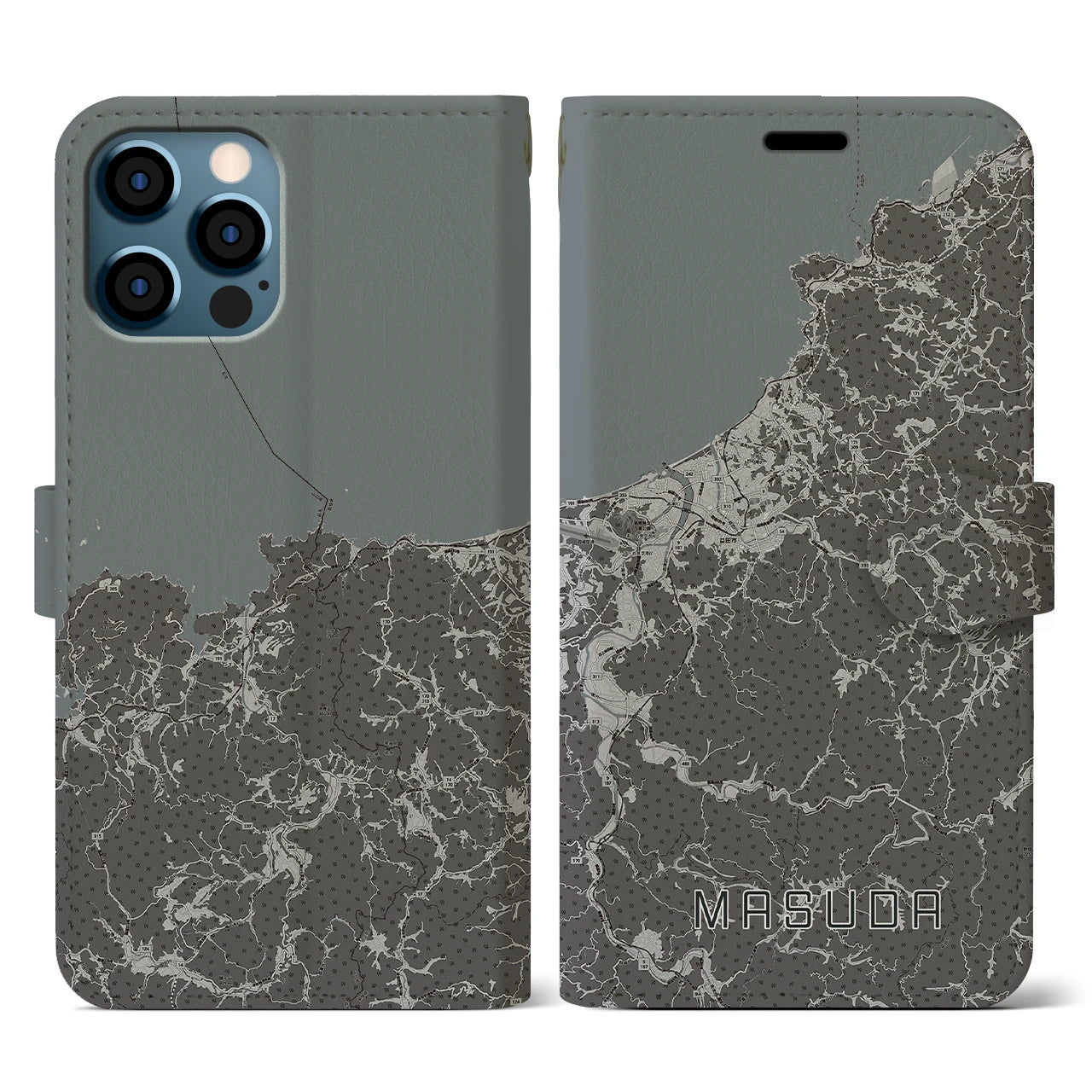 【益田(島根県)】地図柄iPhoneケース(手帳タイプ)モノトーン・iPhone 12 / 12 Pro 用
